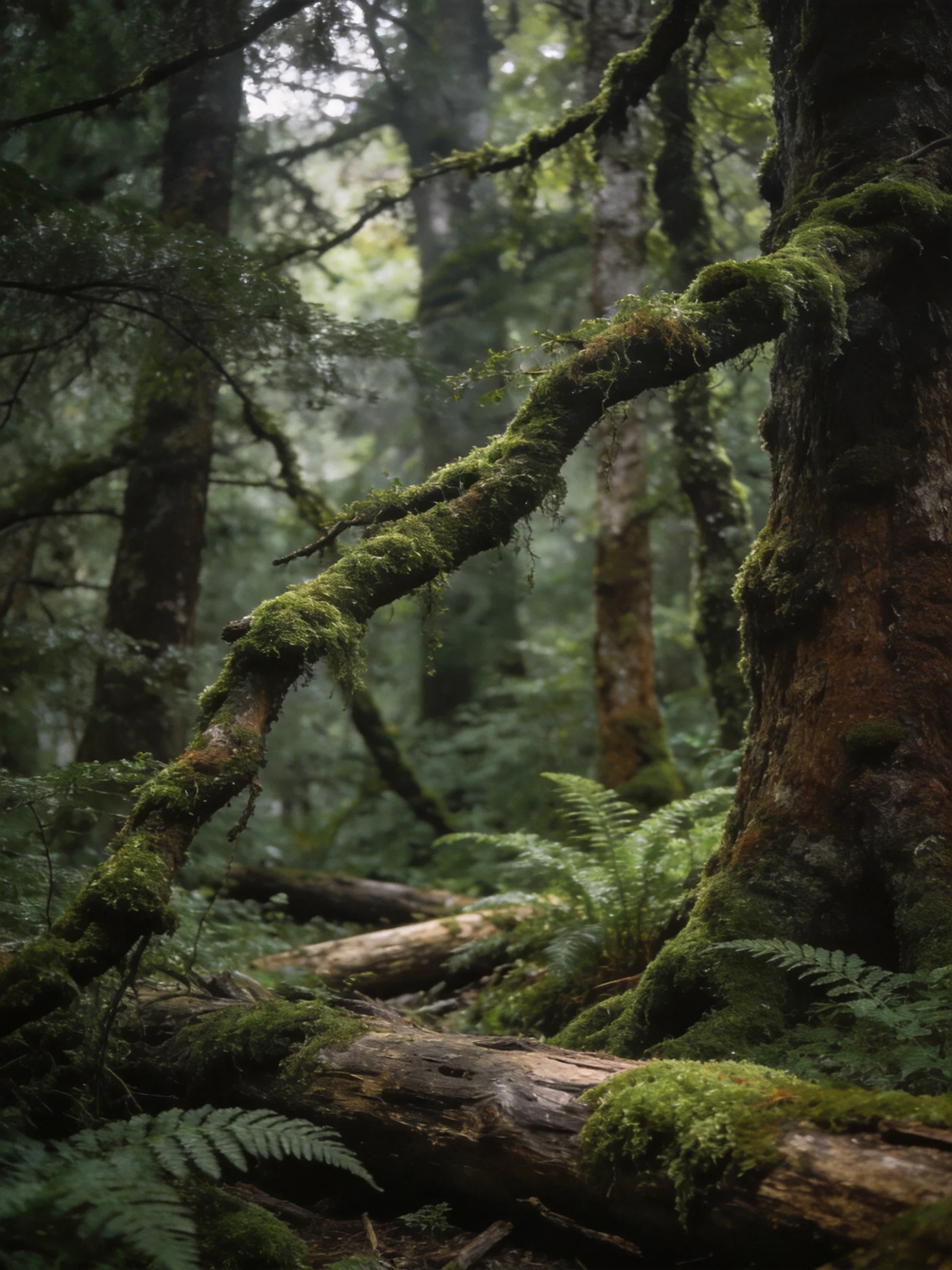 Moss-draped branches and ferns in a misty old-growth forest