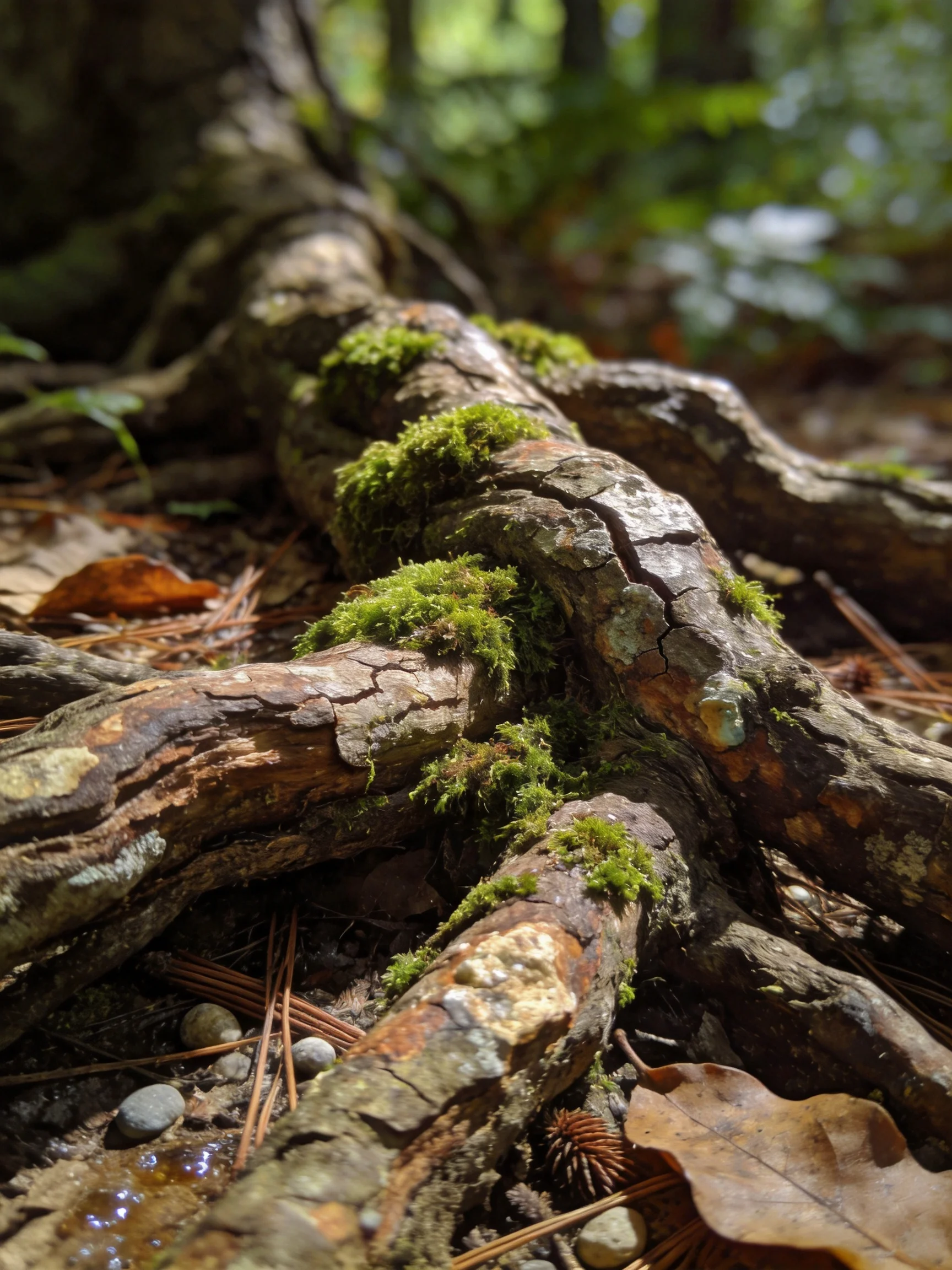 Moss-draped tree roots amid forest floor debris
