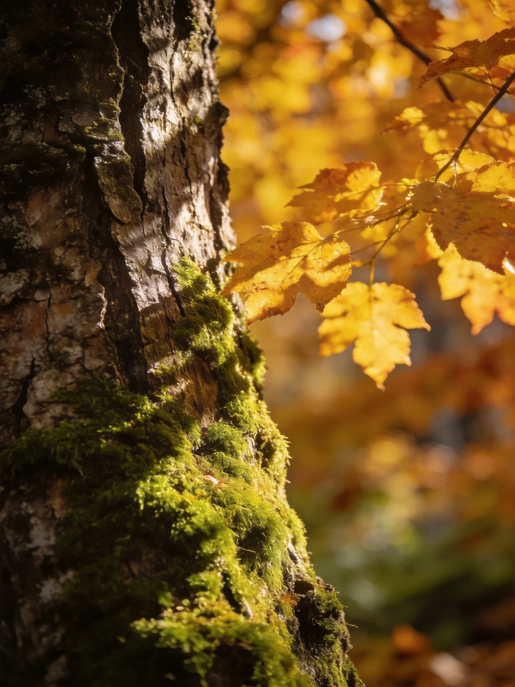 Moss-draped tree trunk beside golden autumn leaves