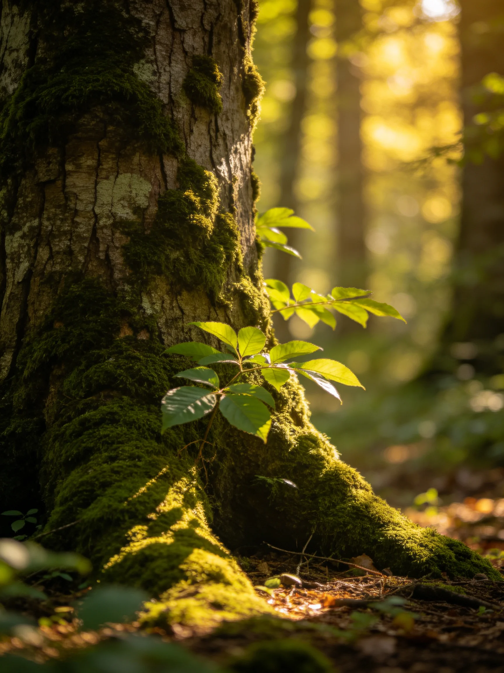 Moss-laden tree trunk in sunlit forest