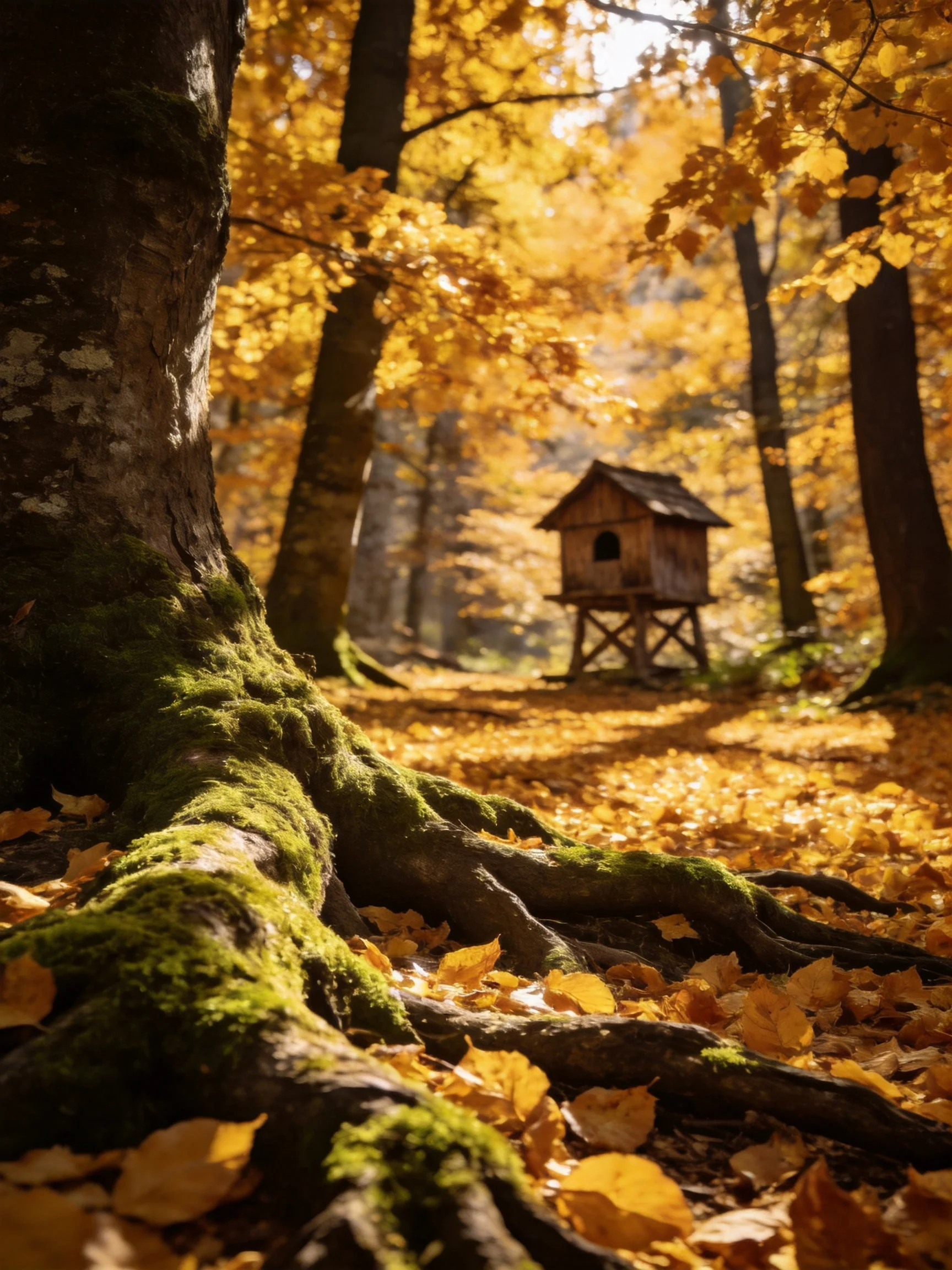 Mossy Roots and Wooden Birdhouse in Golden Autumn Forest
