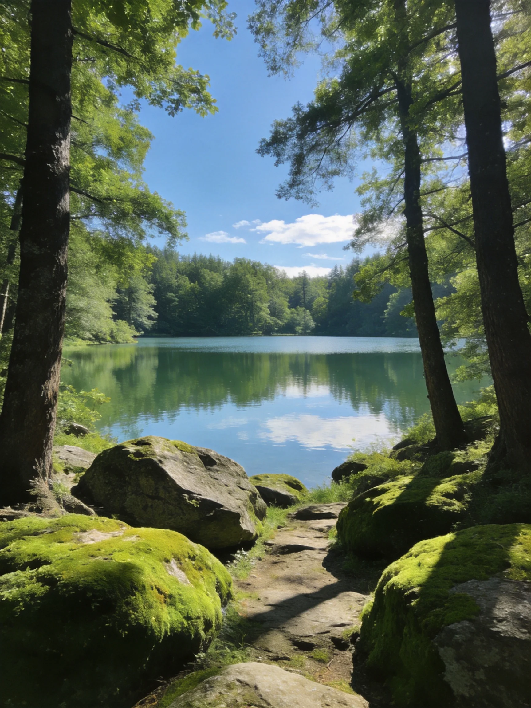 Mossy rocks and tall trees frame a serene forest lake