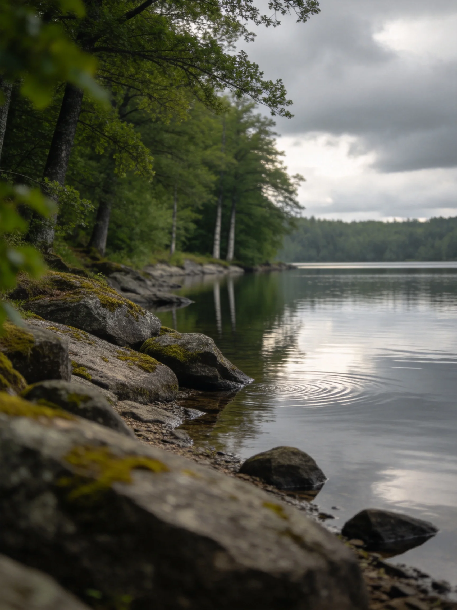 Mossy rocks border a calm lake near a green forest under cloudy skies