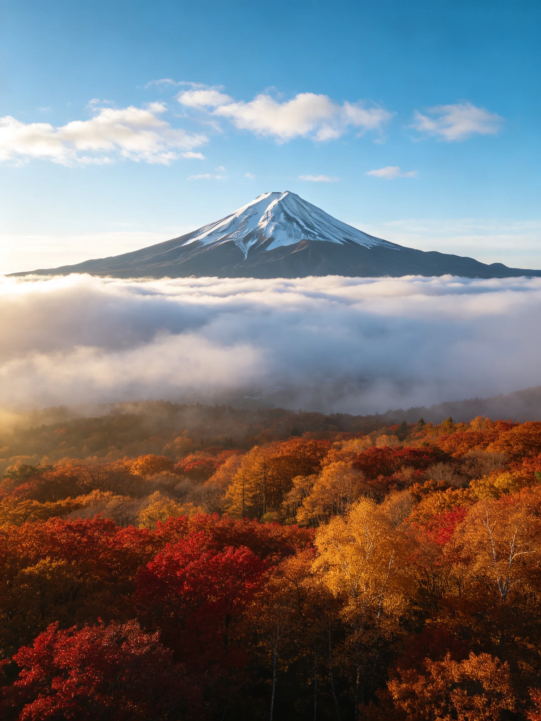 Mount Fuji rises above autumn forests and a sea of clouds