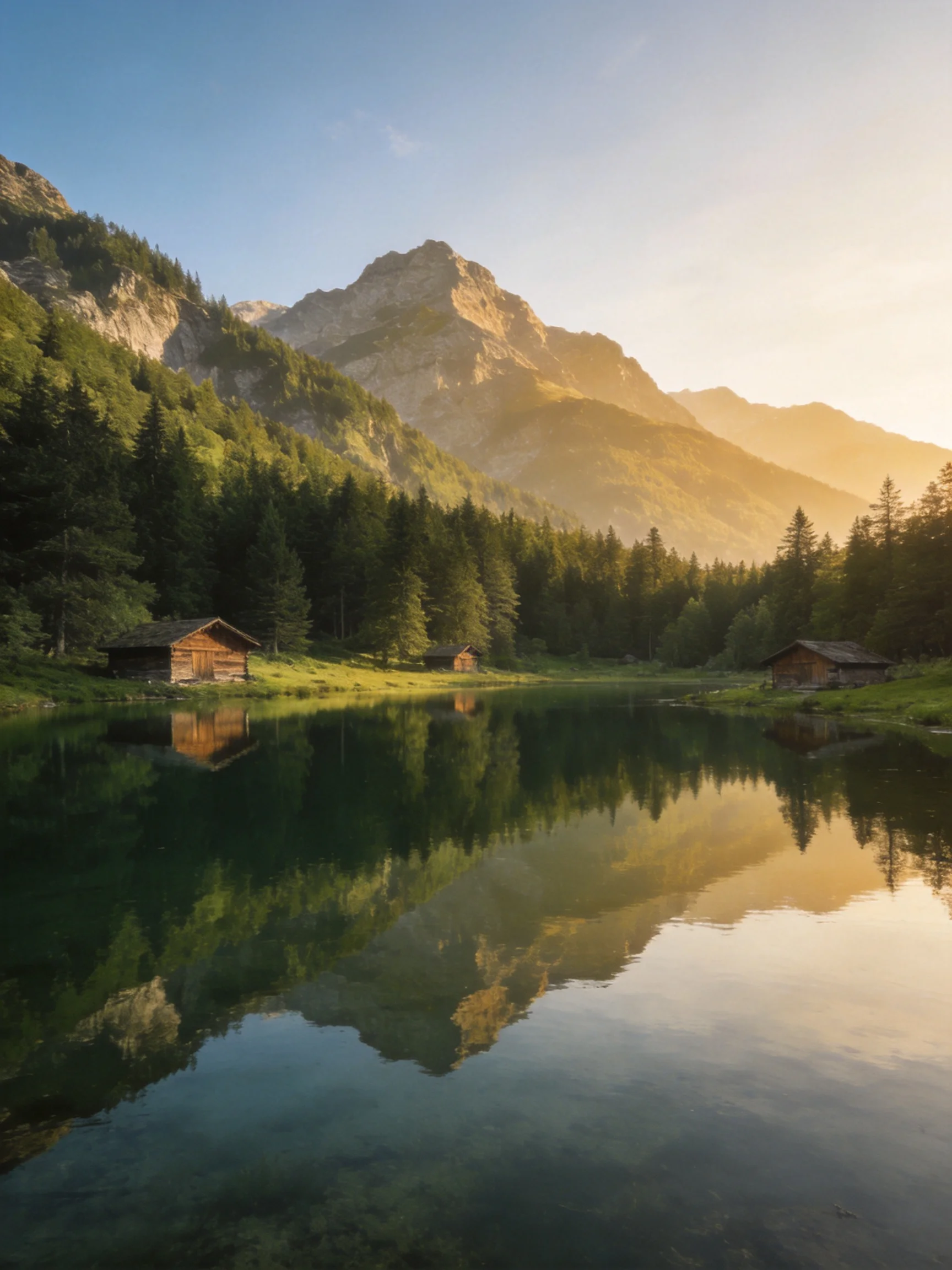 Mountain Lake Reflects Golden Light Near Wooden Cabins