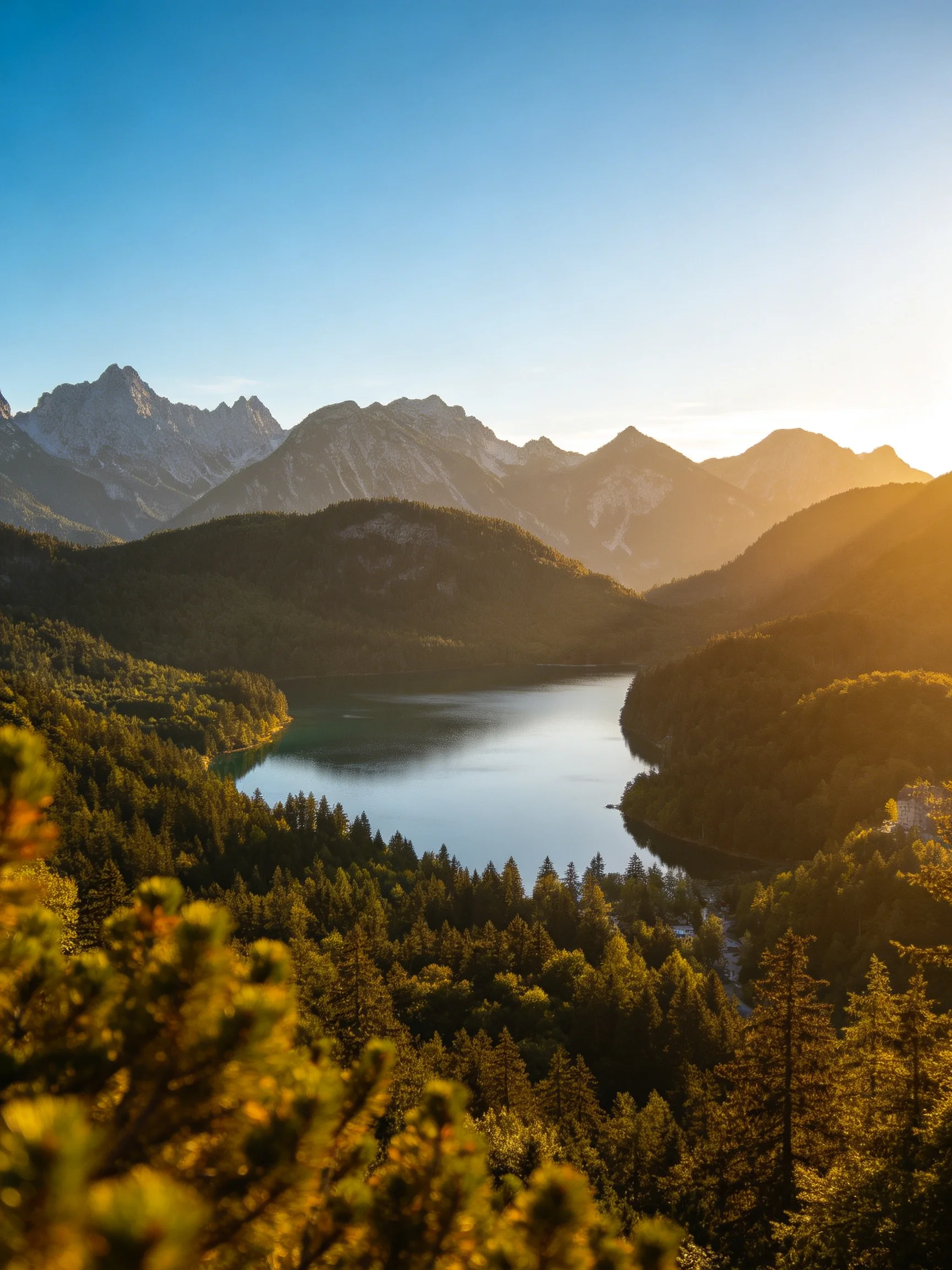 Mountain Lake at Sunset with Dense Forests and Towering Peaks