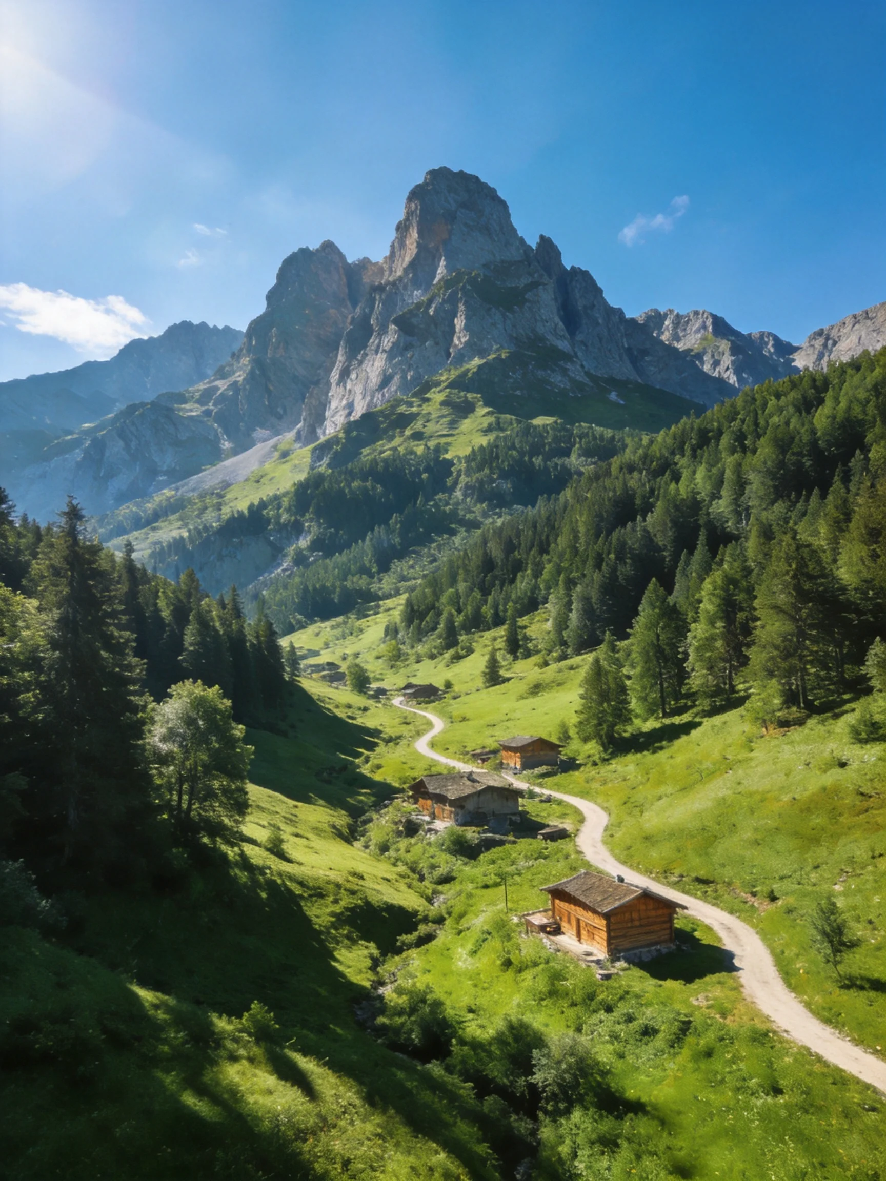 Mountain Peak Overlooking Green Valley with Wooden Cabins