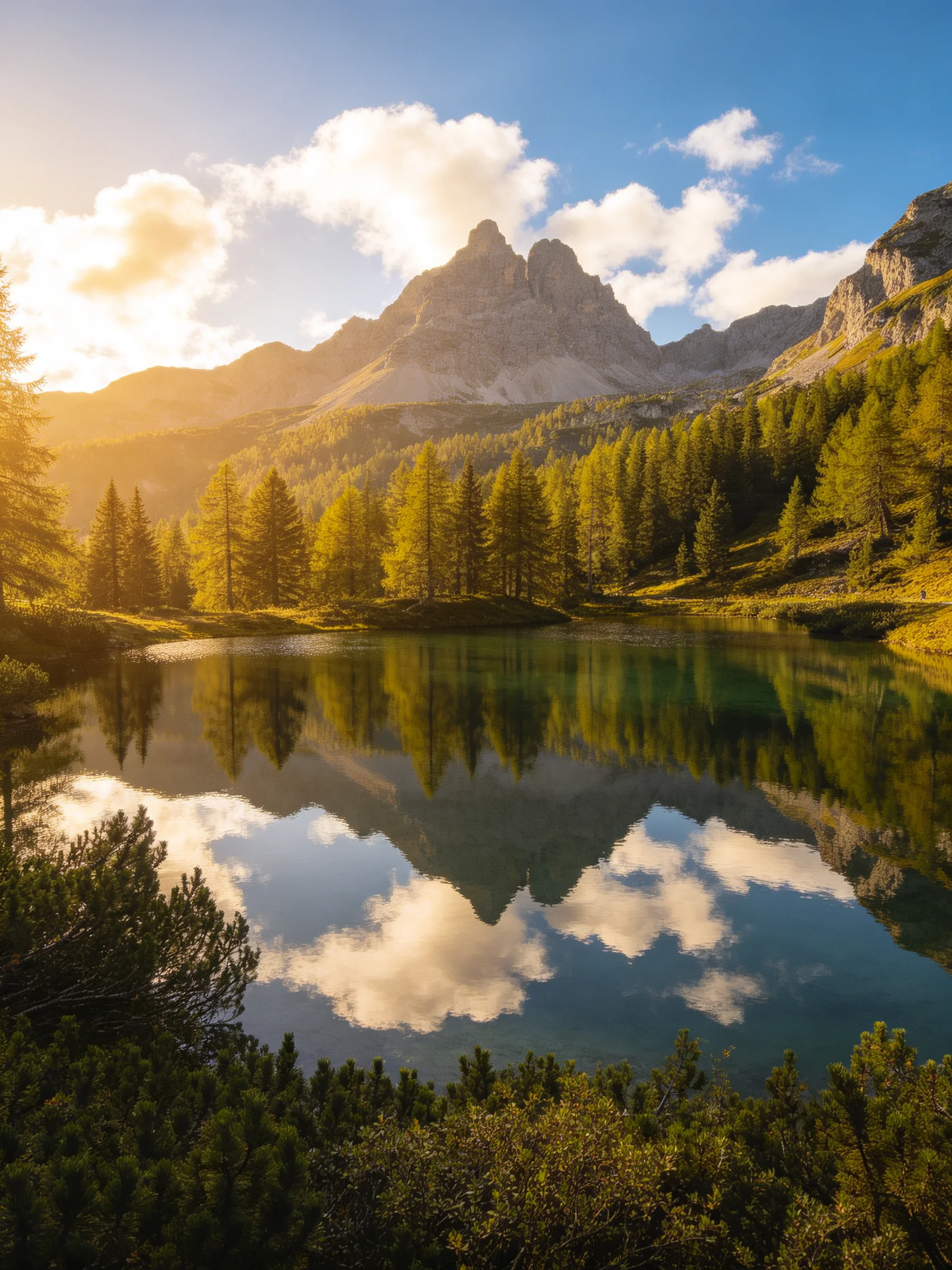 Mountain Peak Reflected in Crystal Clear Lake With Lush Forests