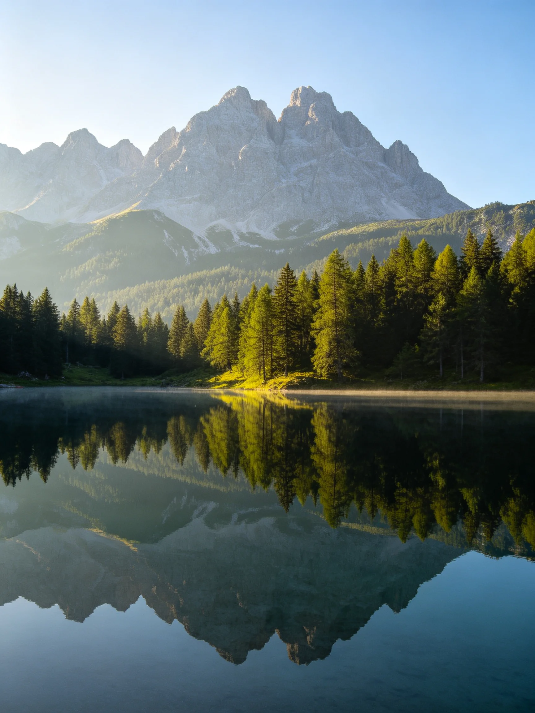 Mountain Peaks Reflecting in a Calm Lake with Dense Forest