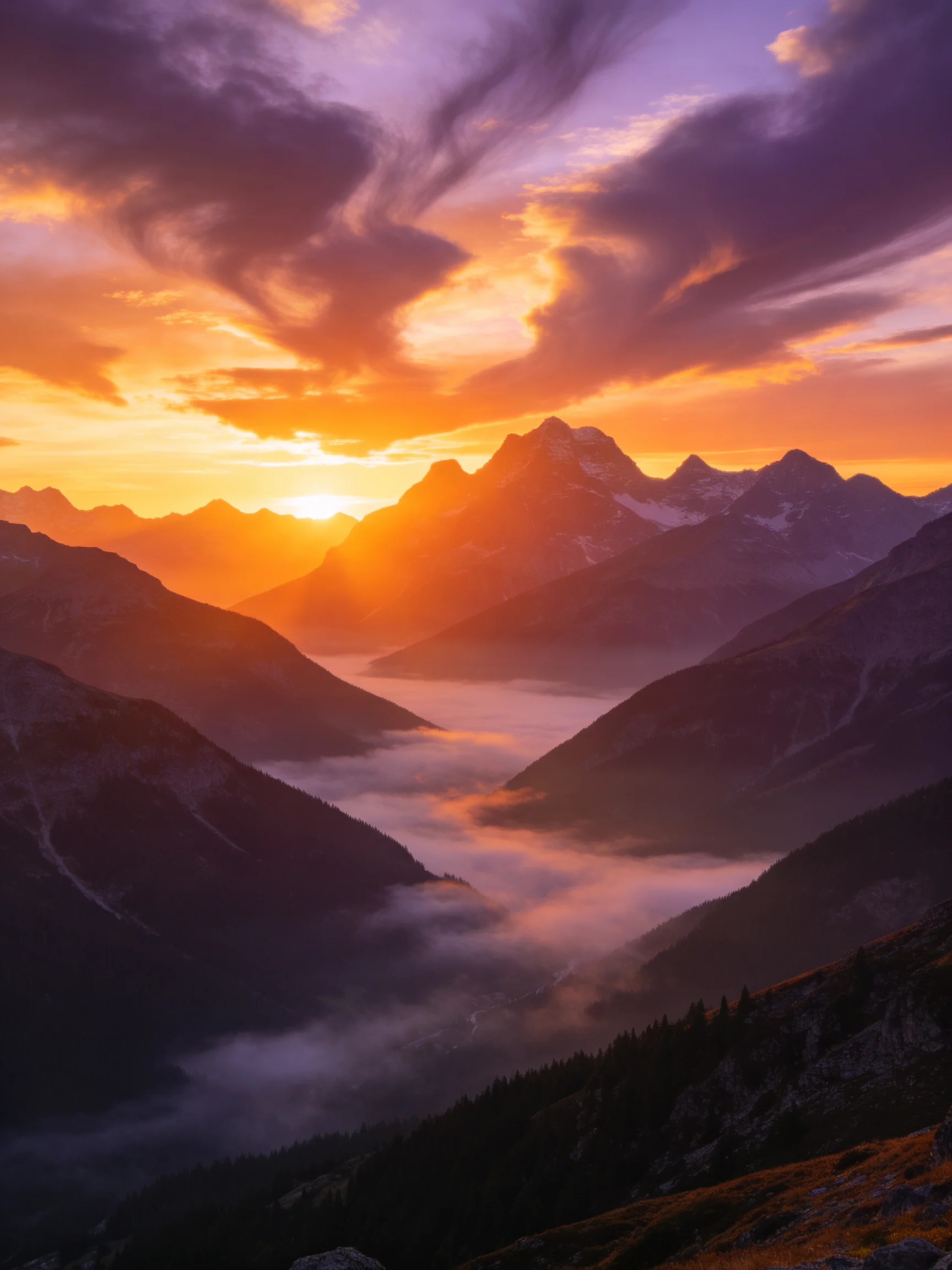Mountain Peaks at Sunset with Colorful Skies and Valley Fog