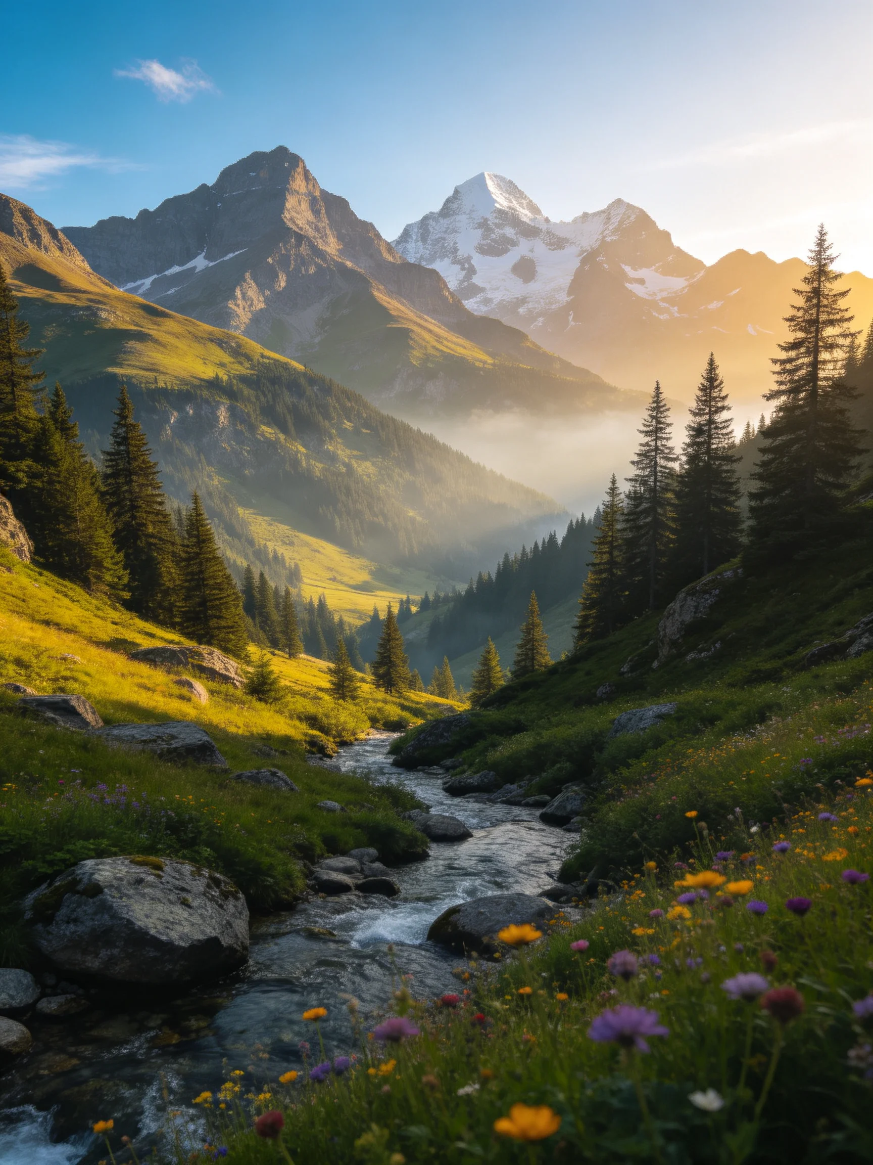 Mountain Valley Stream with Forests and Wildflowers