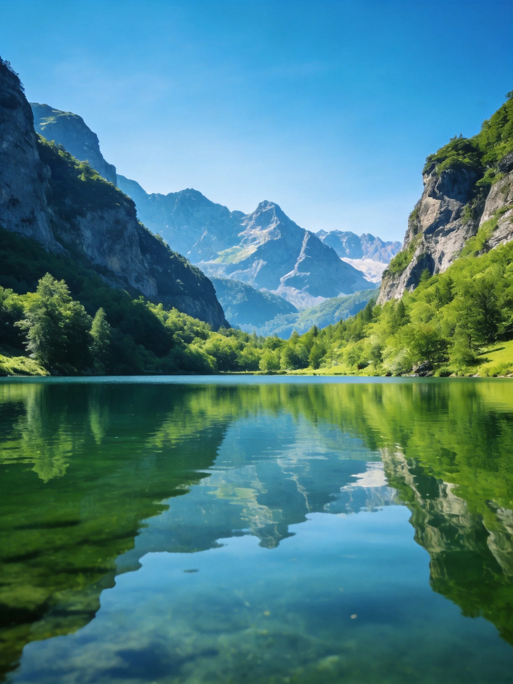 Mountain Valley with Reflective Turquoise Lake and Lush Greenery