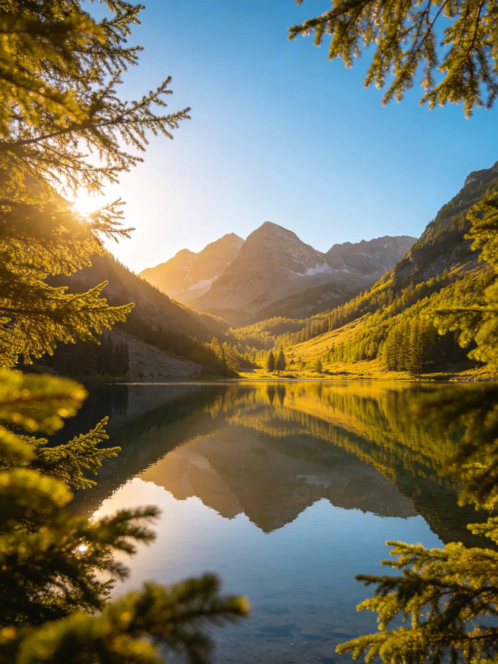 Mountain lake reflects golden sunrise amid forested peaks