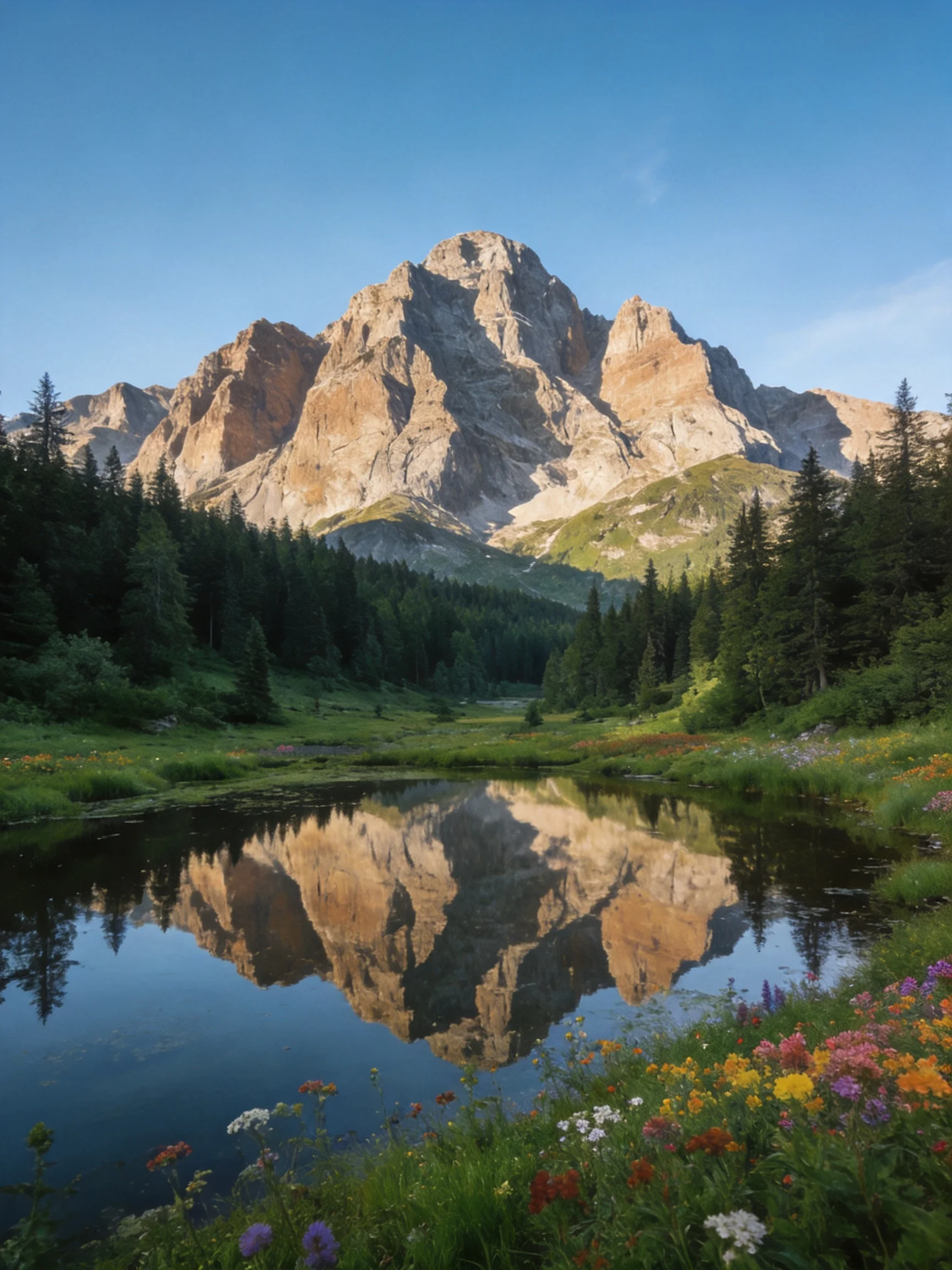 Mountain peak reflected in calm lake with colorful wildflowers