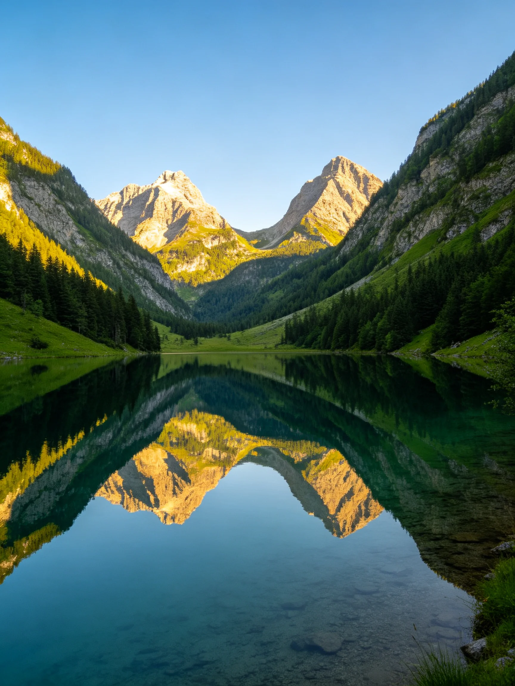 Mountain peaks reflected in a clear turquoise alpine lake