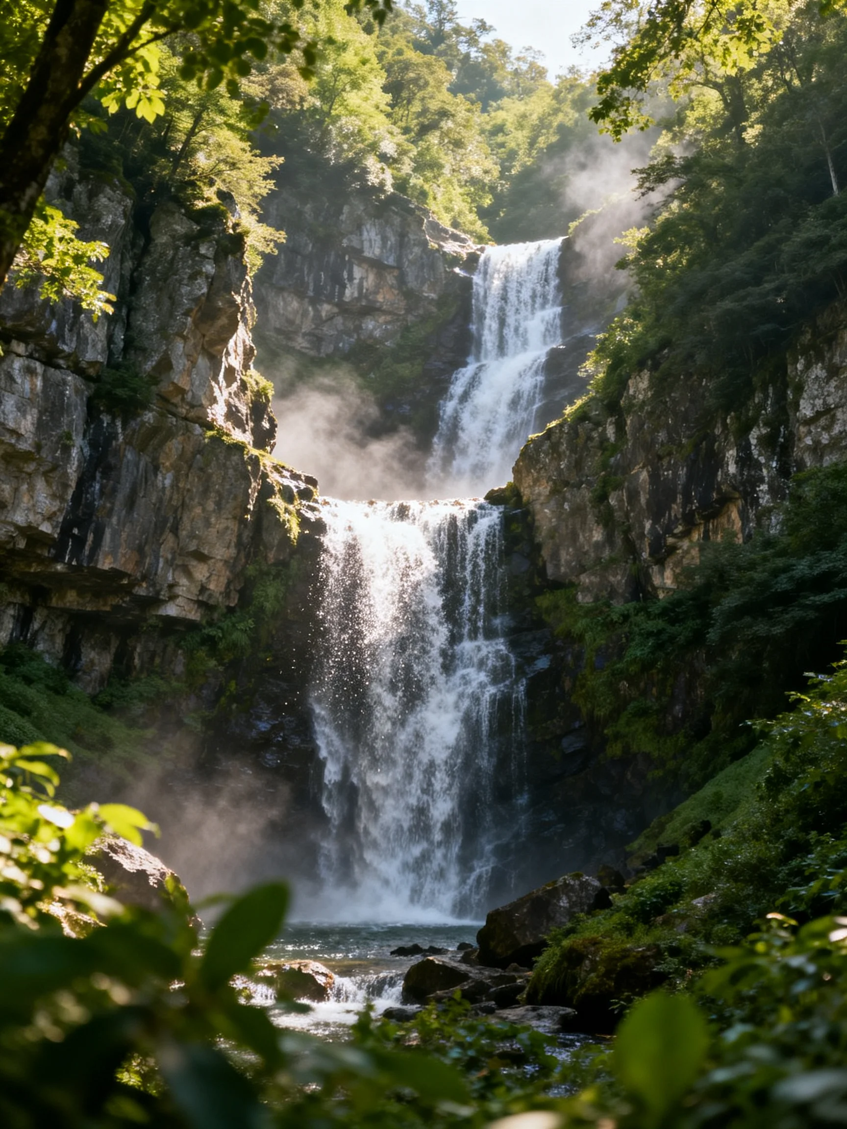 Multi - tiered waterfall flows over rocky cliffs surrounded by dense green foliage