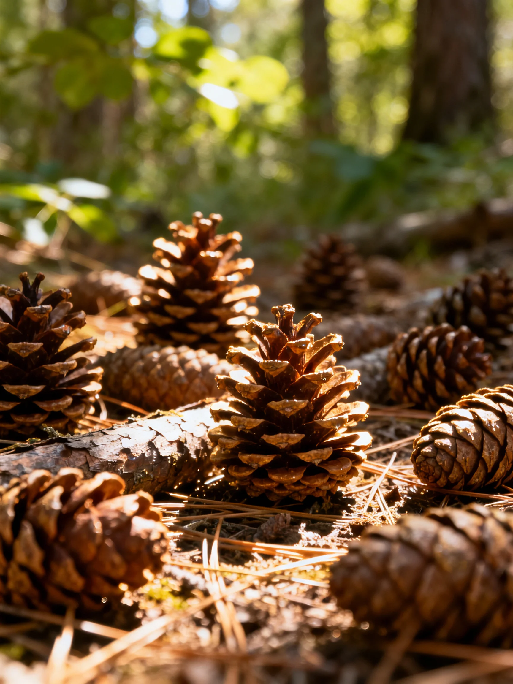 Multiple brown pine cones scattered on forest floor amid twigs and needles