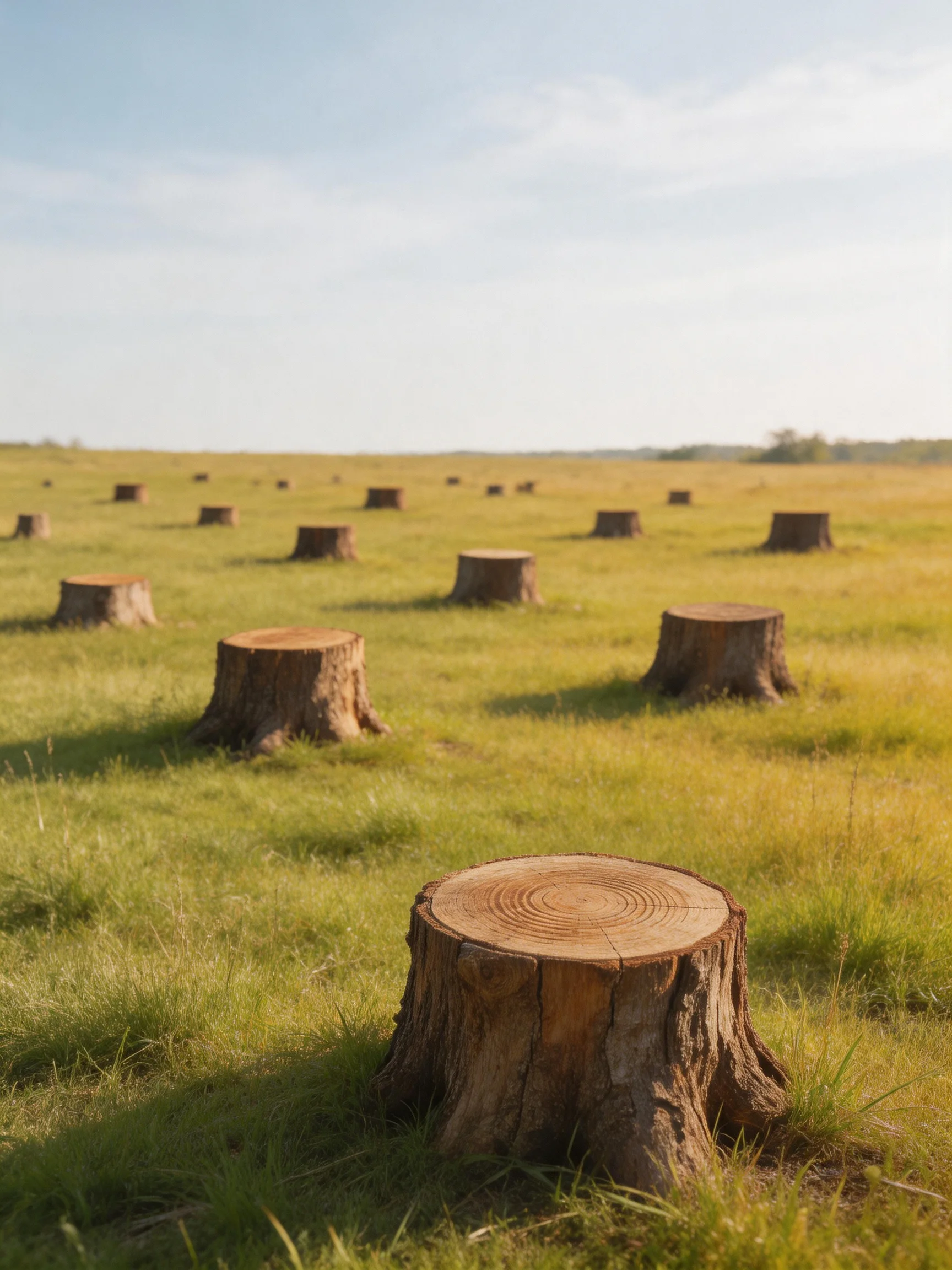 Multiple brown tree stumps scattered across a green open field