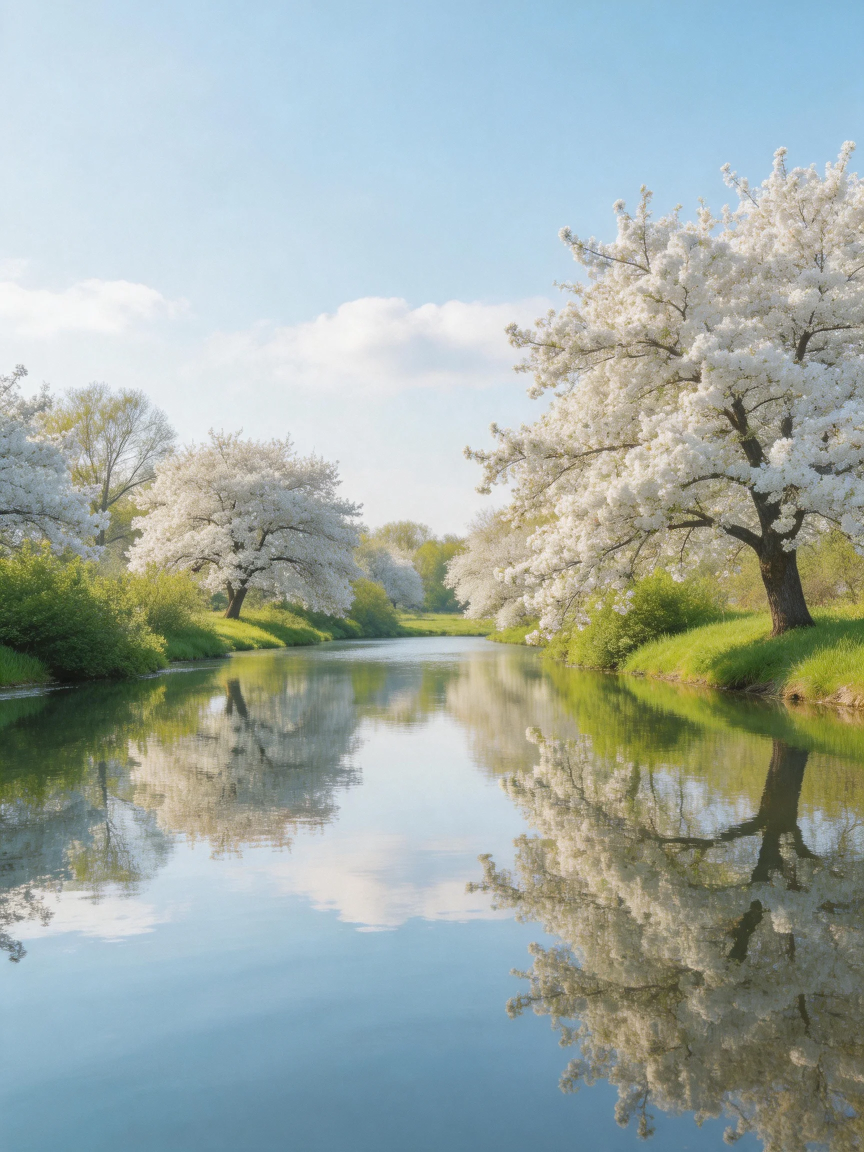 Multiple cherry blossom trees bloom beside a calm river