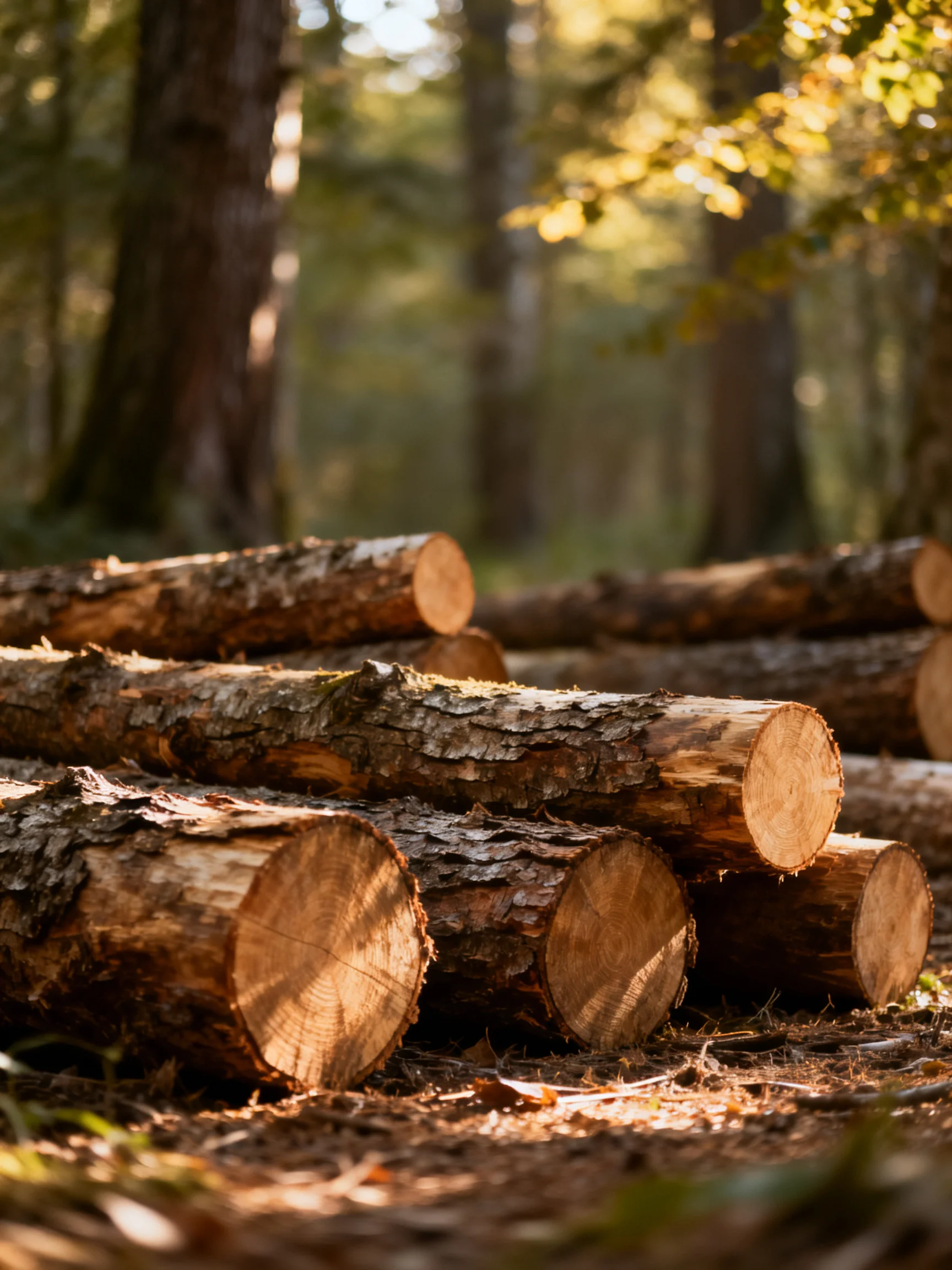 Multiple cut logs arranged in a sunlit forest area