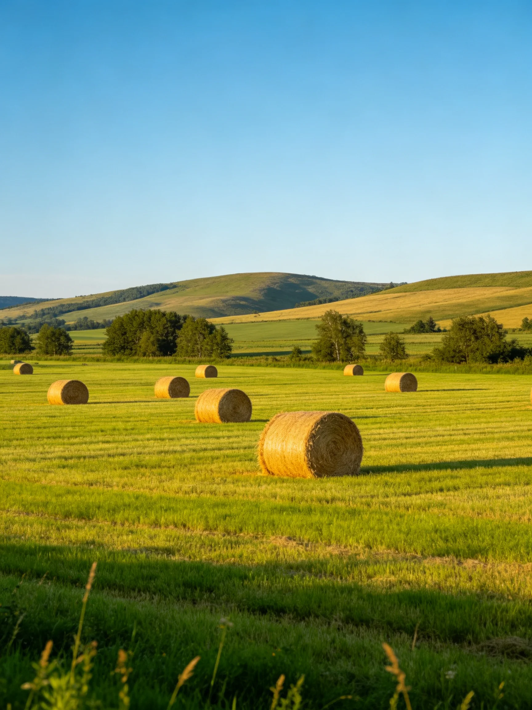 Multiple golden hay bales scattered across a lush green field