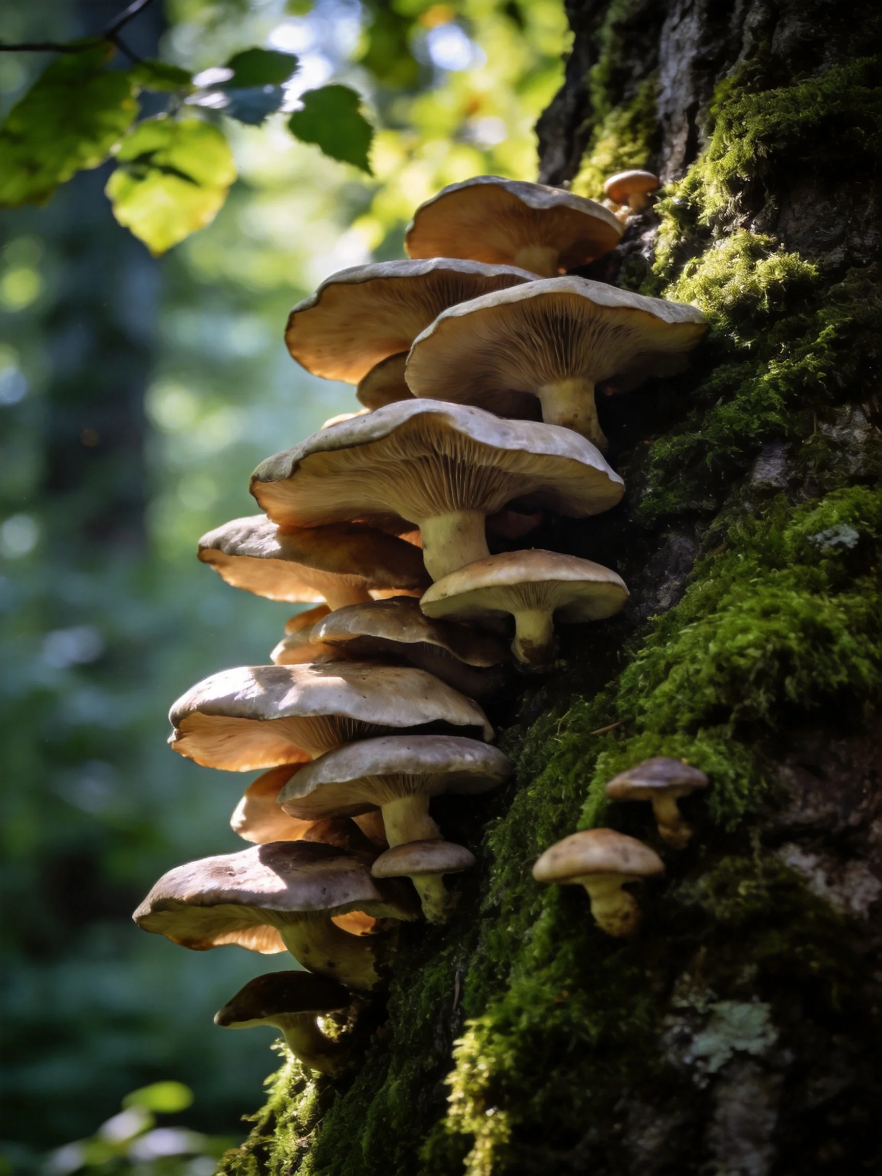 Multiple mushrooms cluster on mossy tree trunk in sun-dappled forest