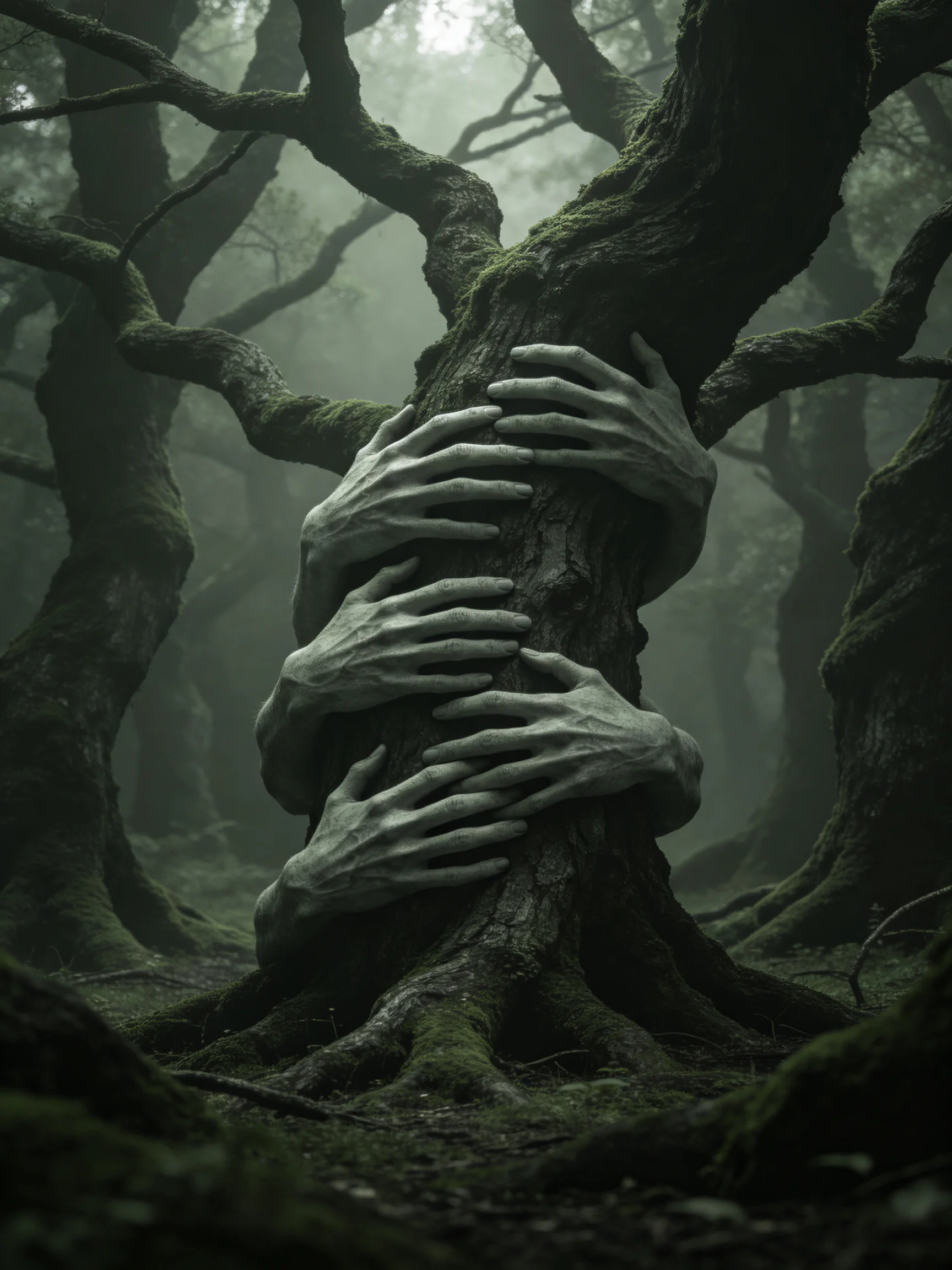 Multiple pale hands wrap around a gnarled, moss-covered ancient tree