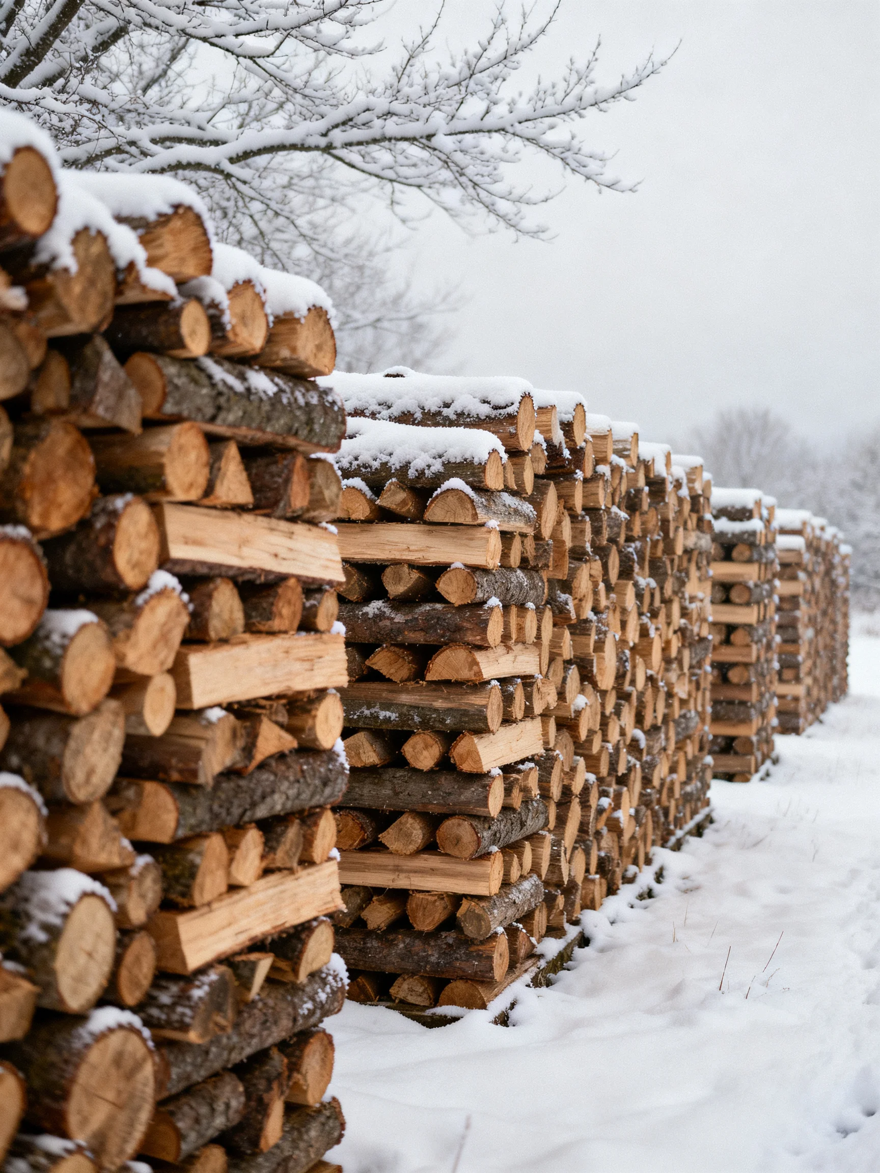 Multiple stacks of snow-dusted firewood in a wintry outdoor area