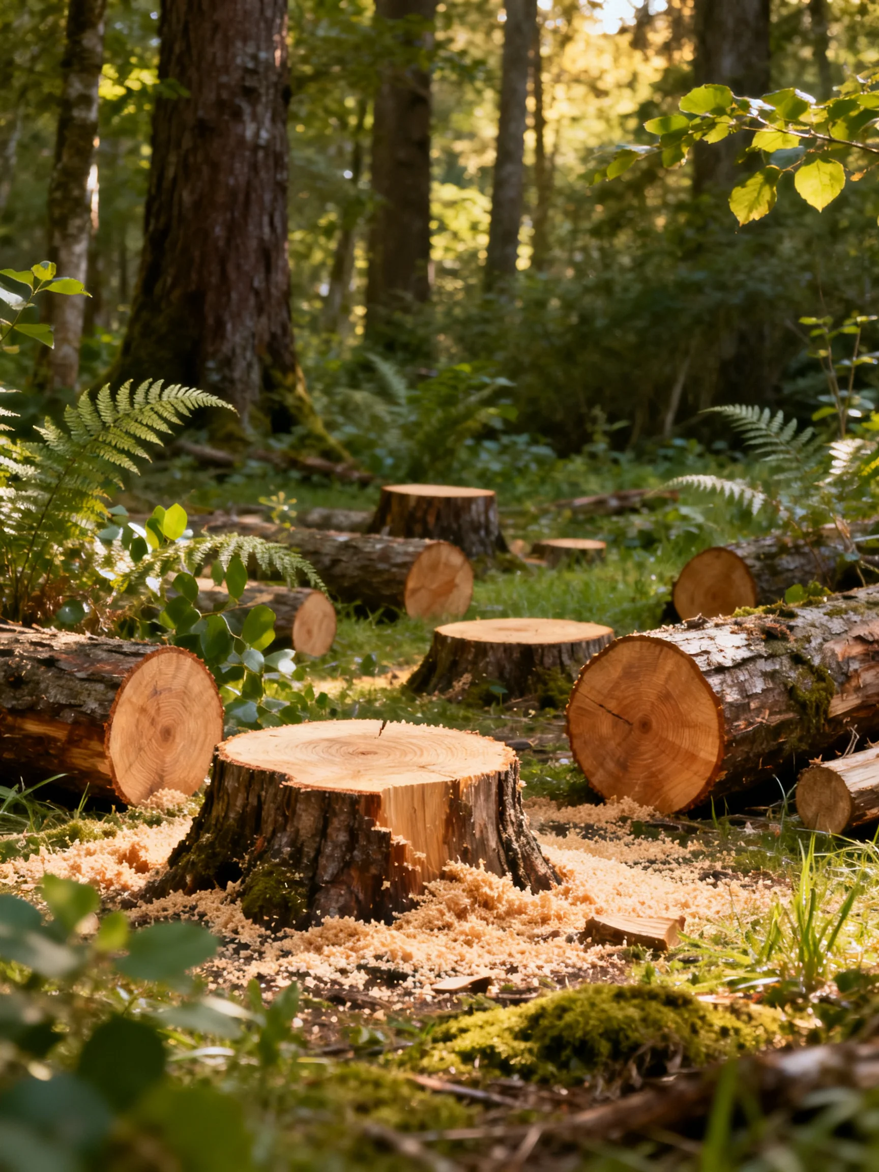 Multiple tree stumps and logs in a sunlit forest clearing