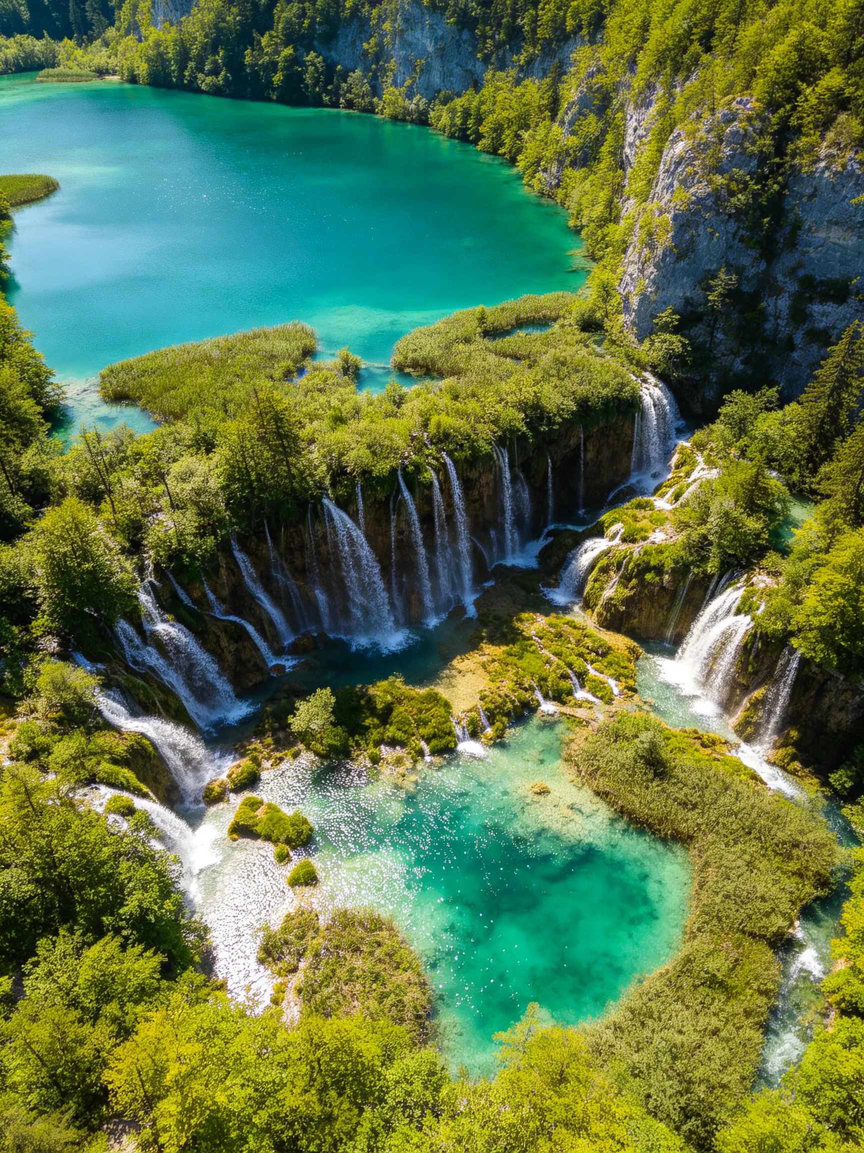 Multiple turquoise waterfalls feed into vibrant lakes surrounded by dense greenery