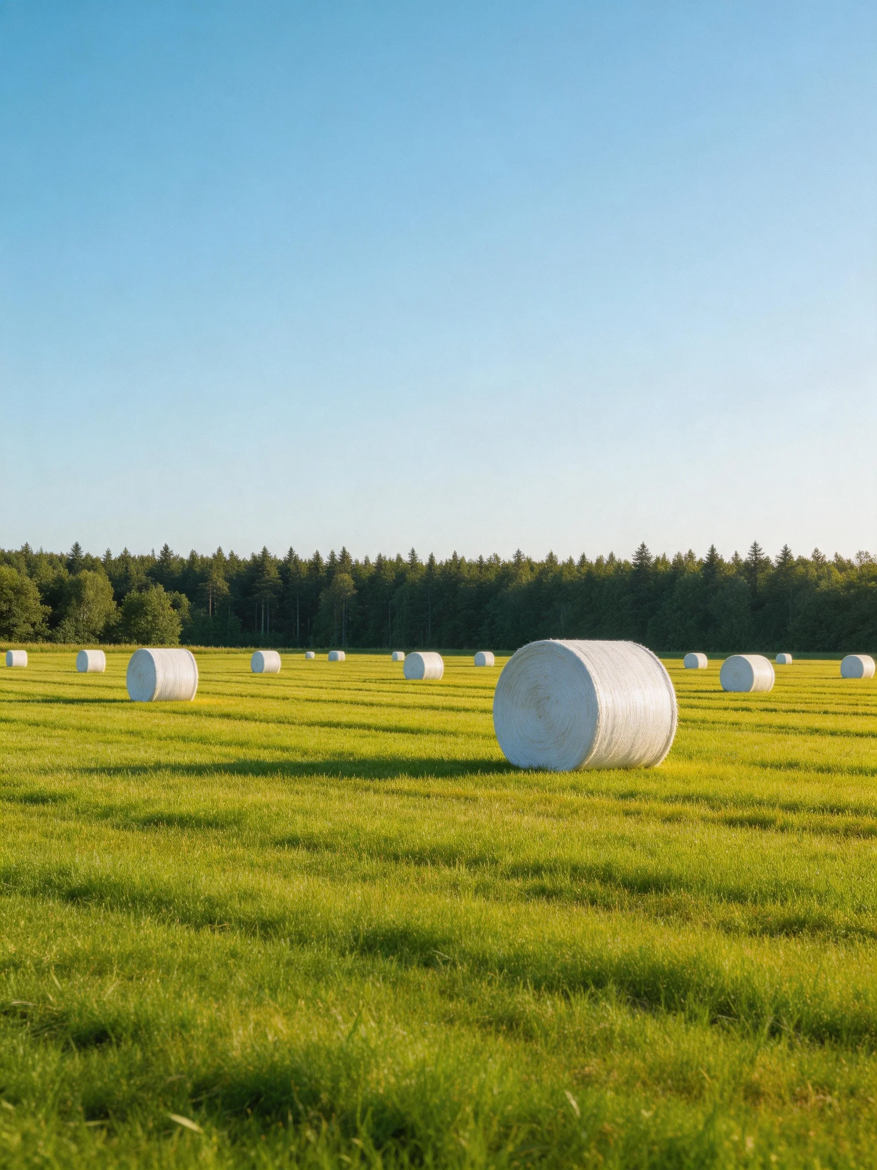 Multiple white hay bales scattered across a lush green field near a forest