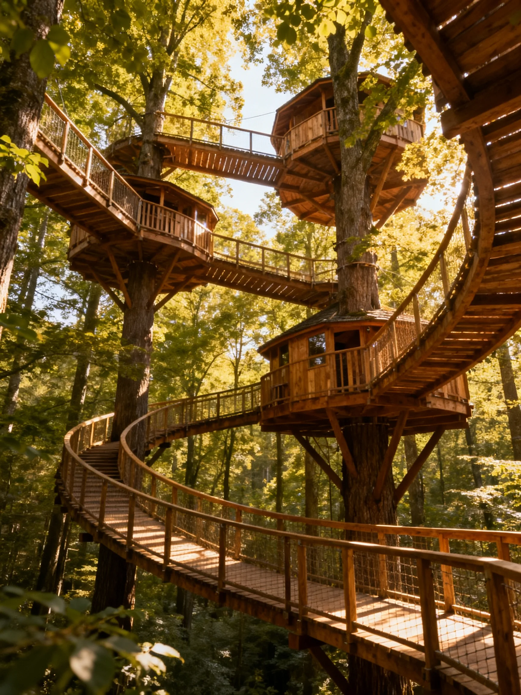 Multiple wooden treehouses connected by winding walkways in a sunlit forest