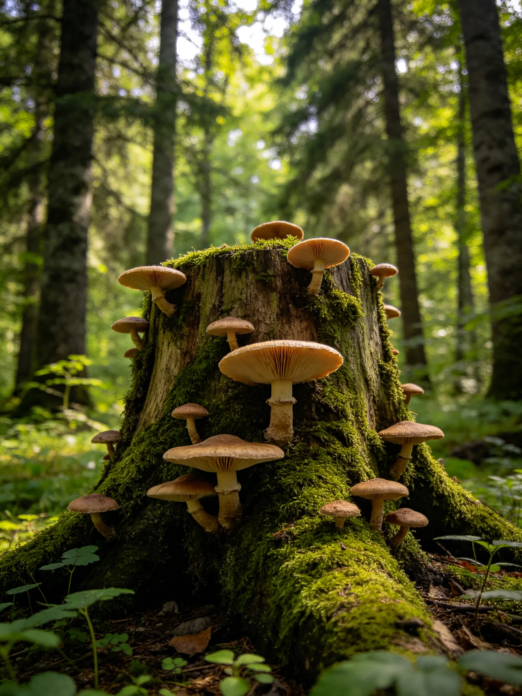 Mushrooms cluster on a moss-covered tree stump in a sunlit forest