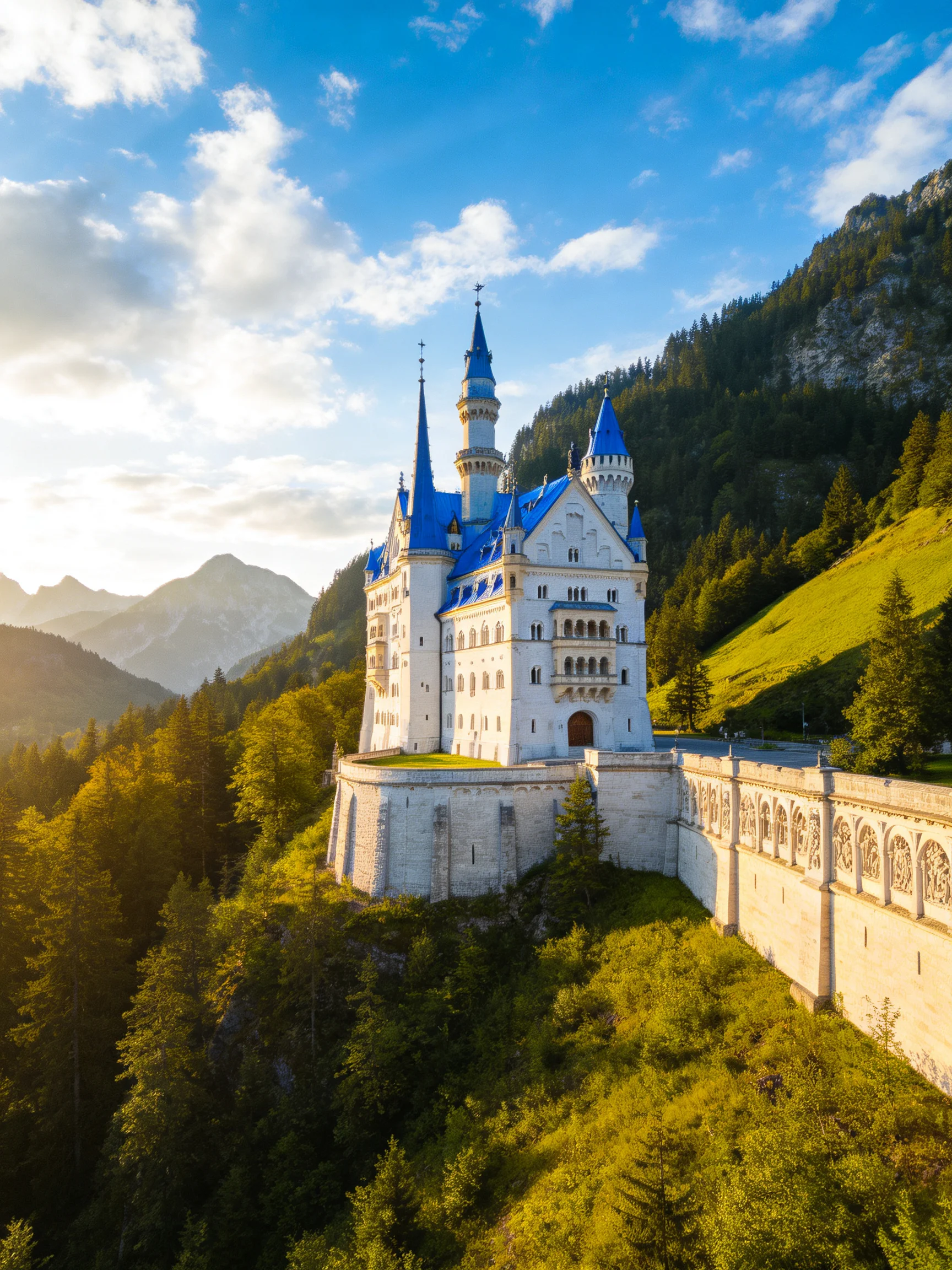 Neuschwanstein Castle: White Fortress with Blue Turrets Among Mountainous Greenery