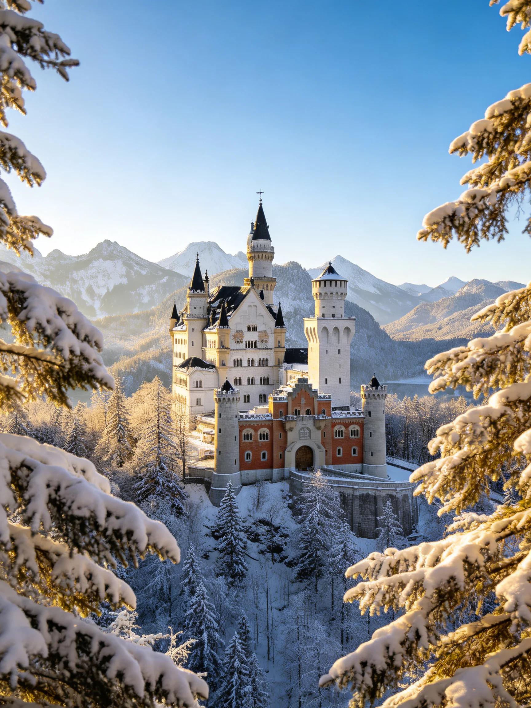 Neuschwanstein Castle in Winter: Snow-Covered Forests and Majestic Mountains