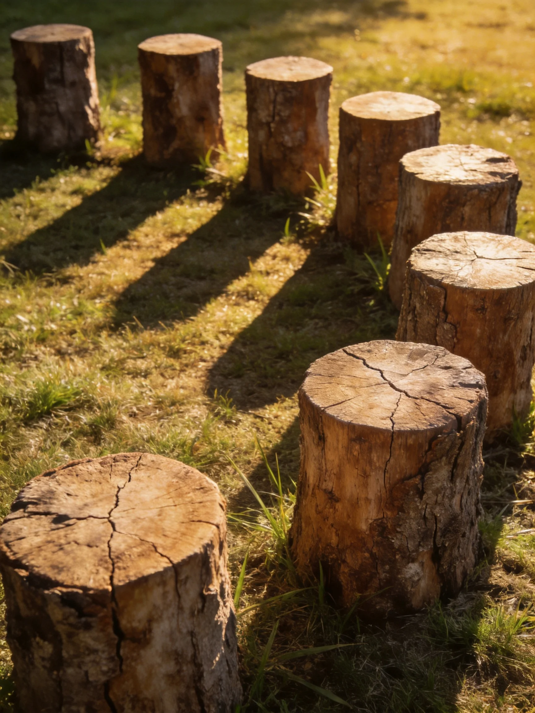 Nine weathered wooden stumps arranged on sunlit grass