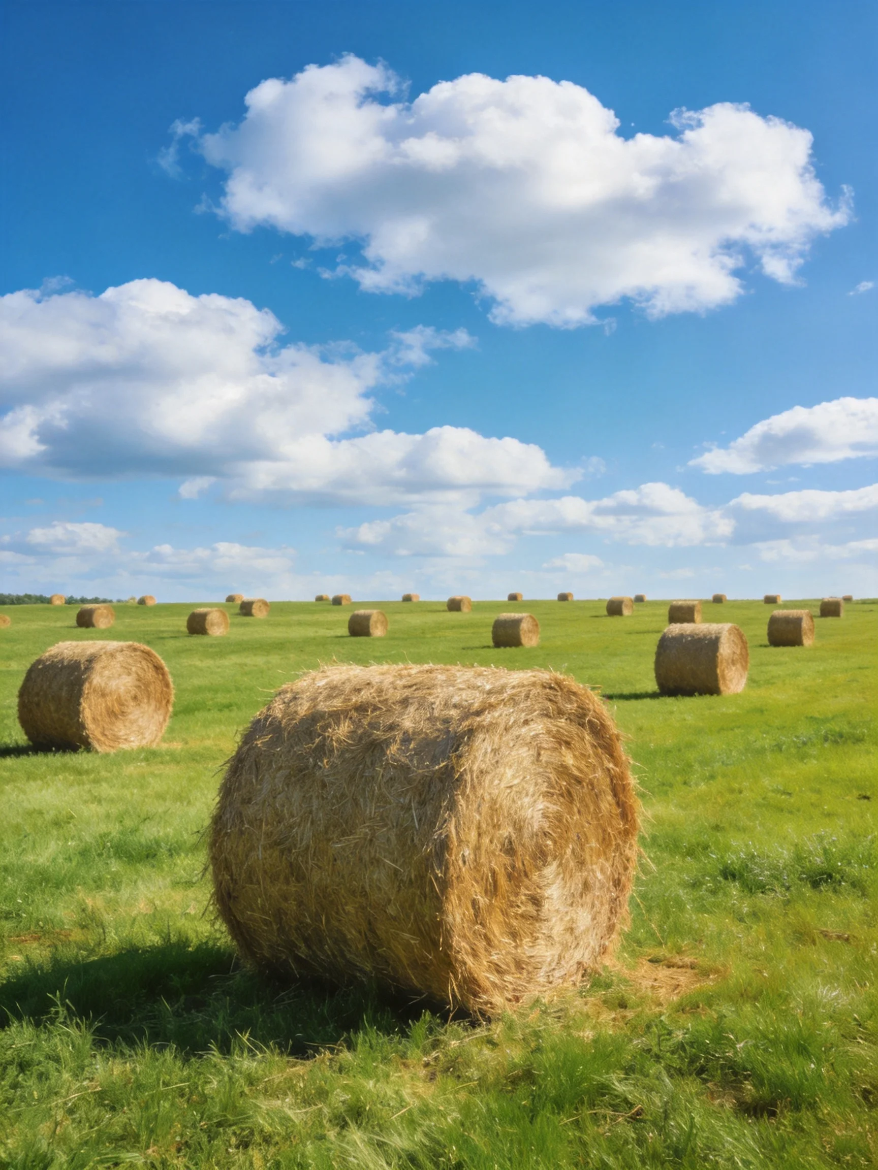 Numerous golden hay bales scattered across a green field under blue sky