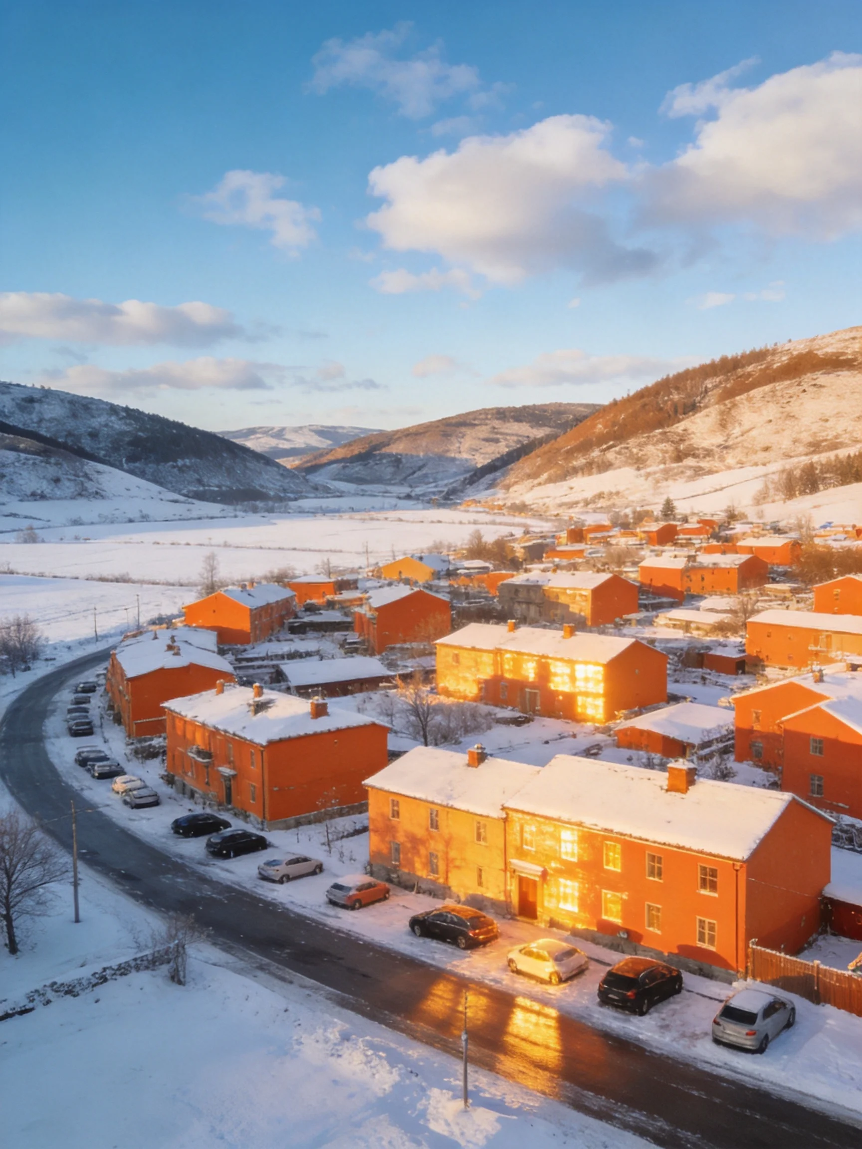 Orange Houses in Snowy Valley With Rolling Hills