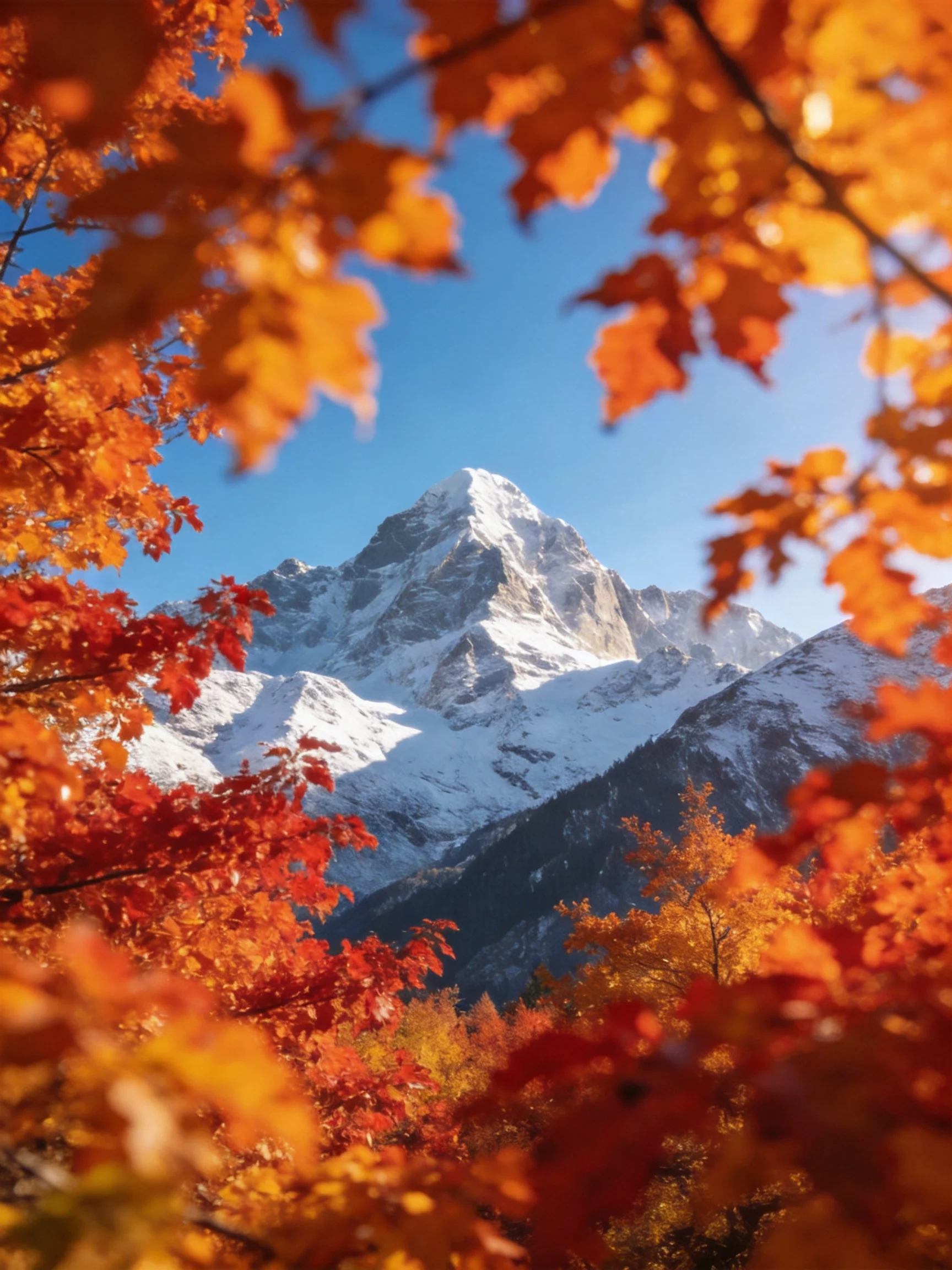 Orange and red autumn leaves frame a towering snow - covered mountain against bright blue sky