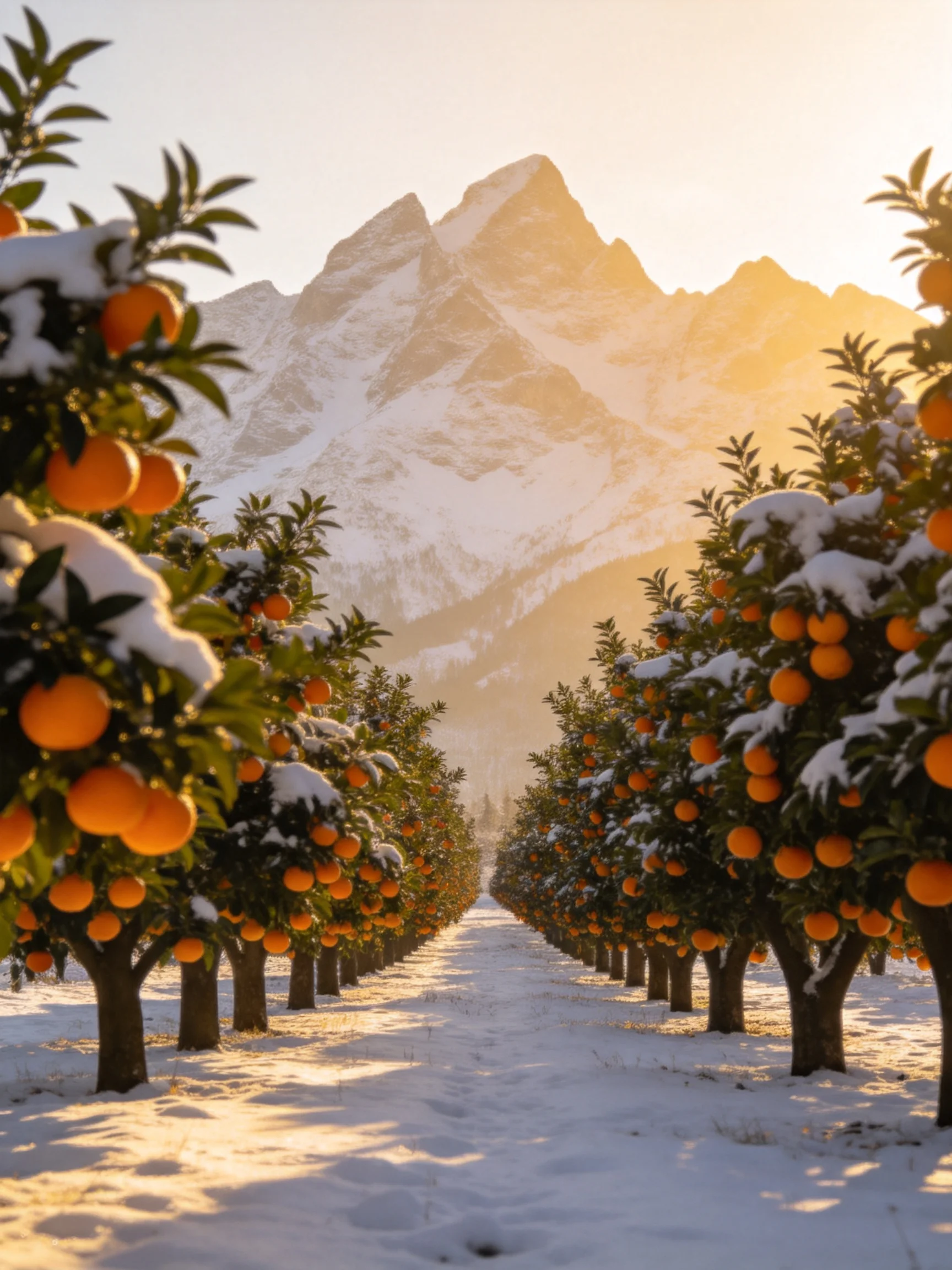 Orange grove blanketed in snow near golden mountain peaks