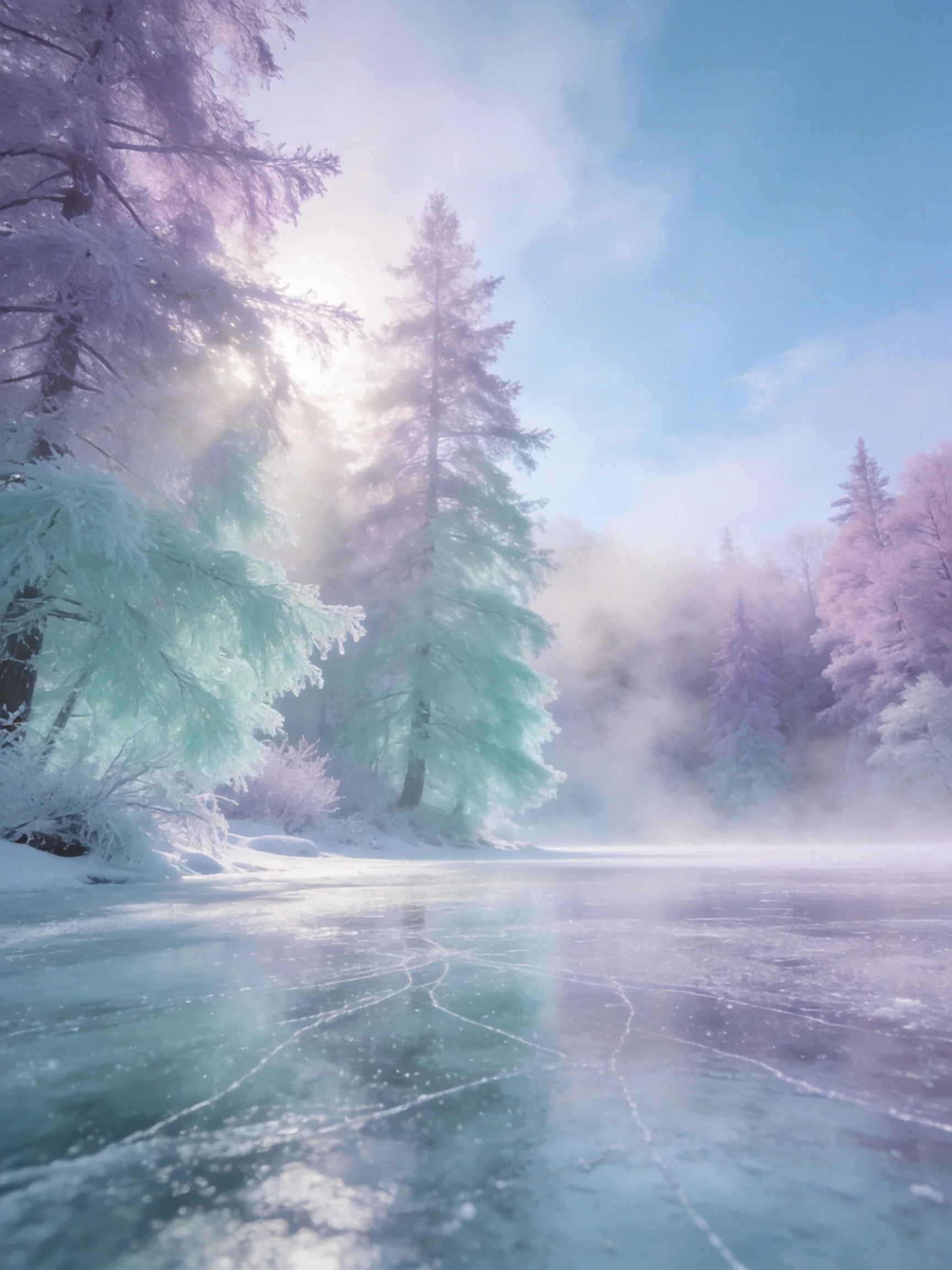 Pastel-hued winter forest with frozen lake and misty atmosphere