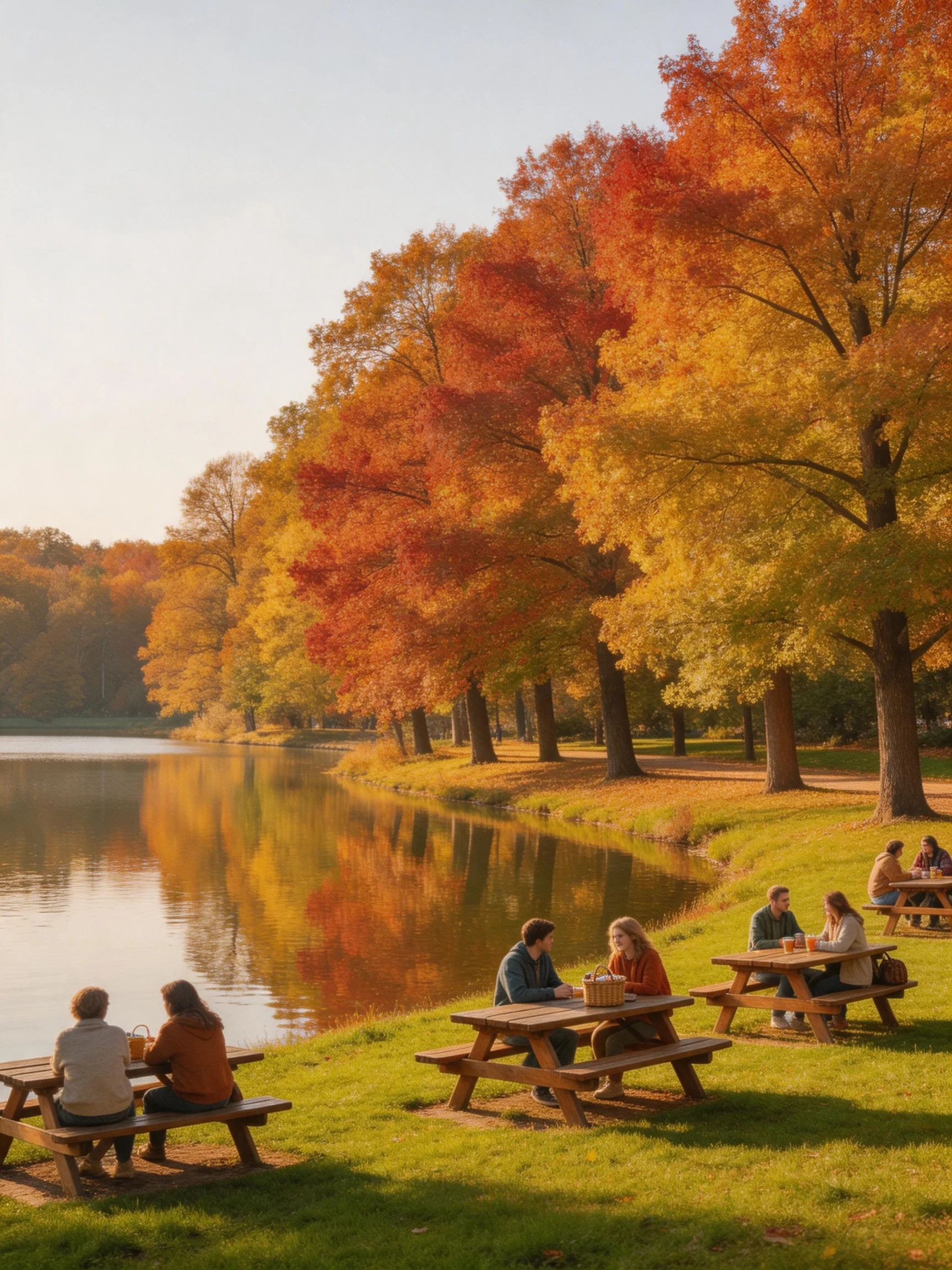 People picnic near vibrant autumn trees by a serene lake