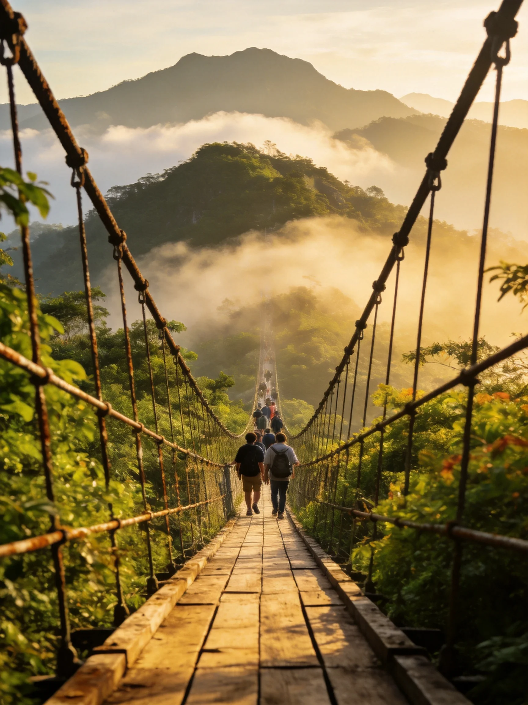 People traverse a wooden suspension bridge amid misty mountainous terrain