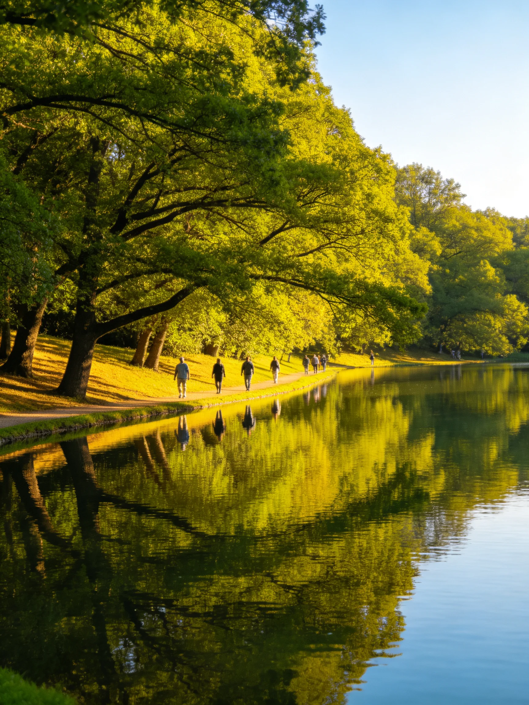 People walk along a tree-lined path beside a reflective lake in golden sunlight