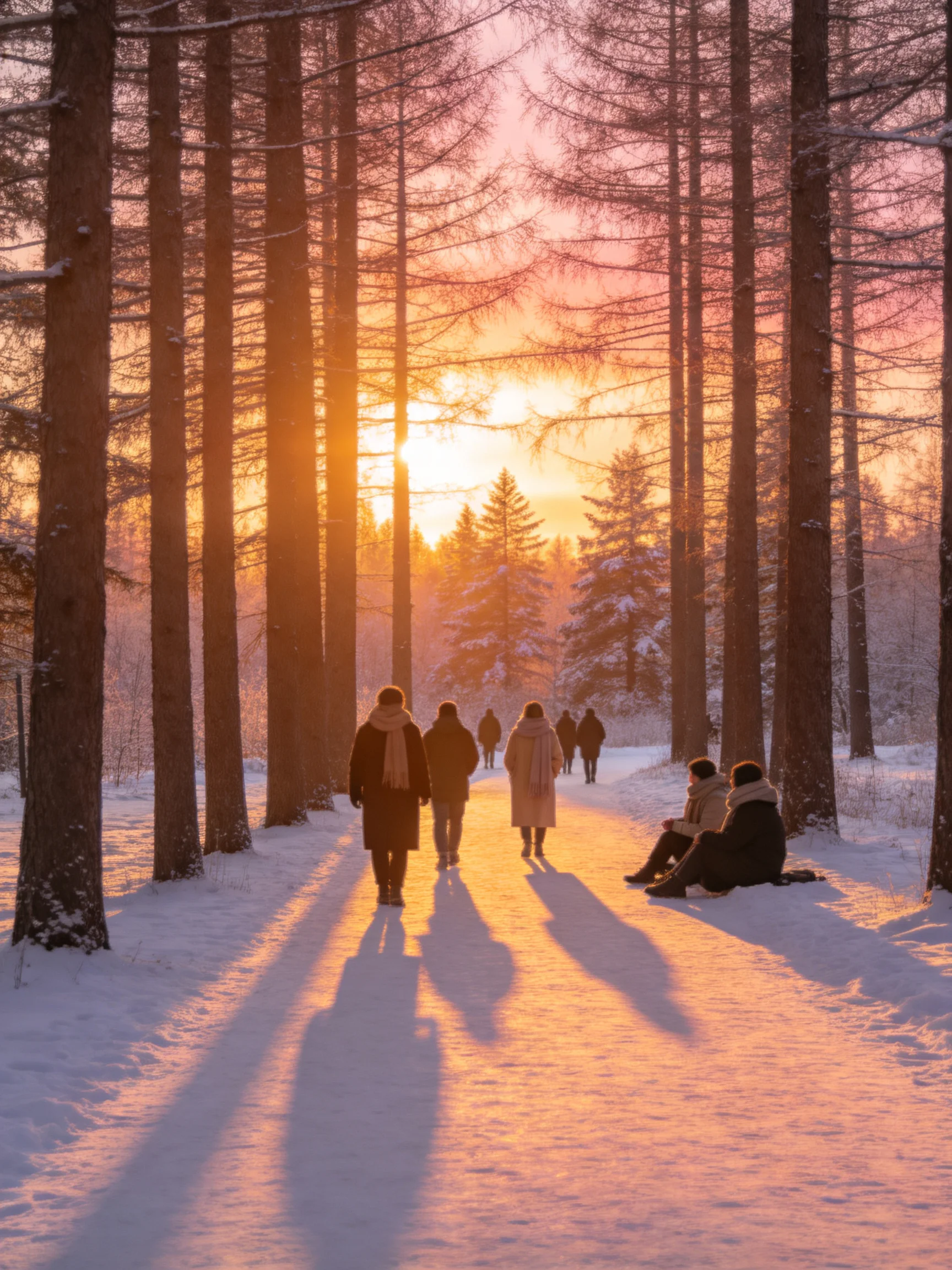 People walking and sitting on a snow-covered forest path at sunset