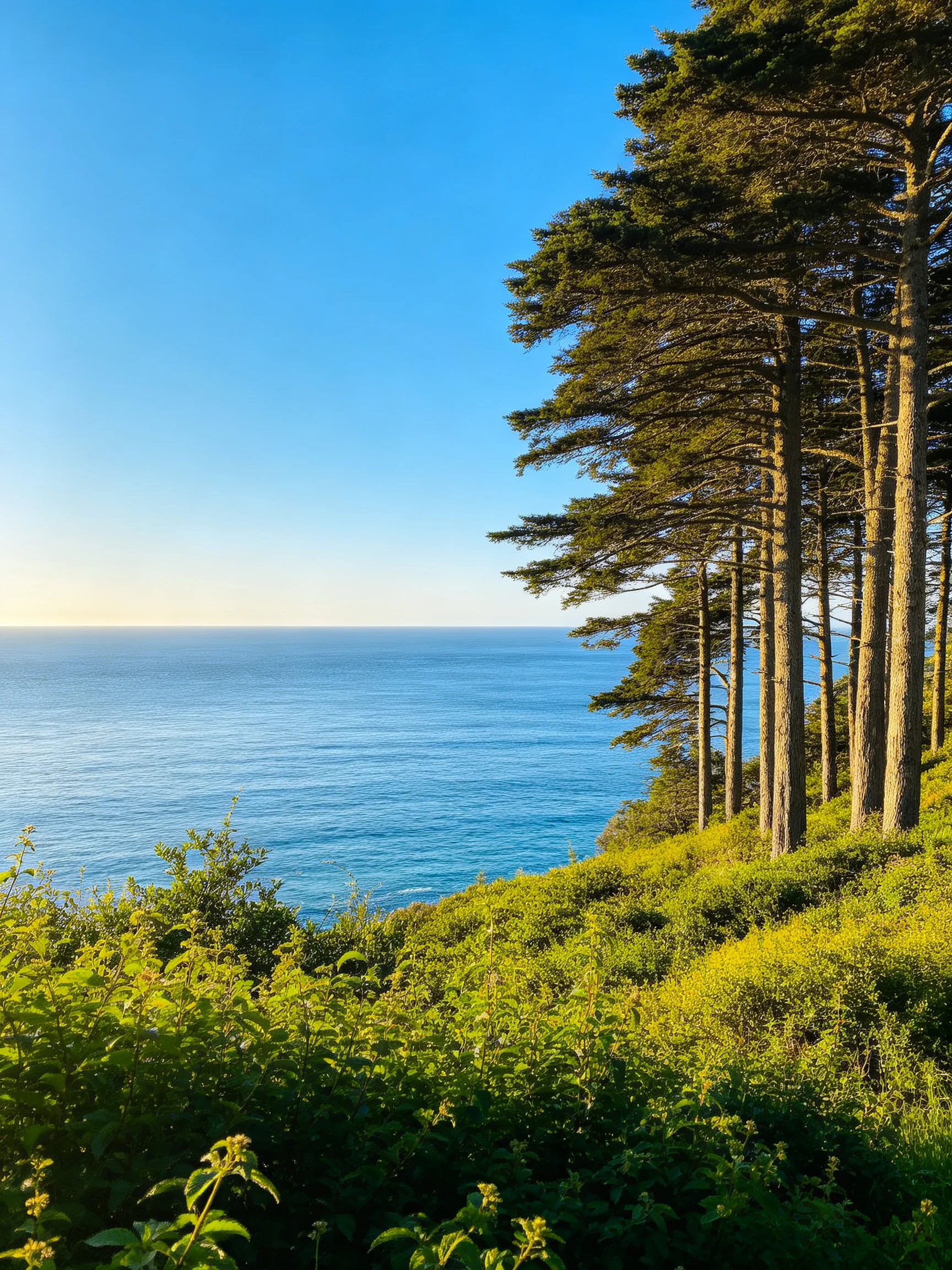 Pine trees and greenery overlook serene blue ocean waters from a coastal cliff