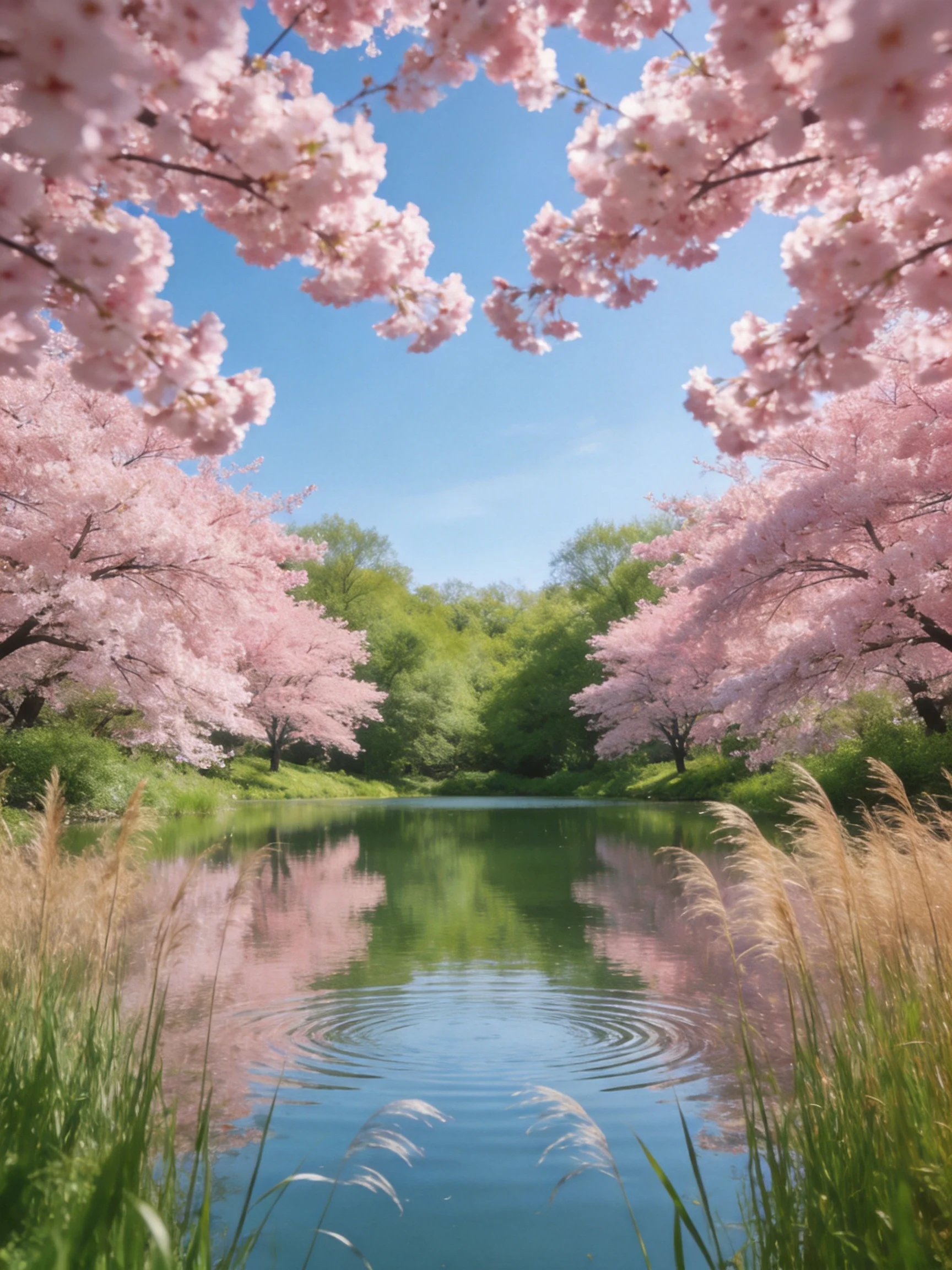Pink cherry blossom trees frame a serene blue pond with lush greenery