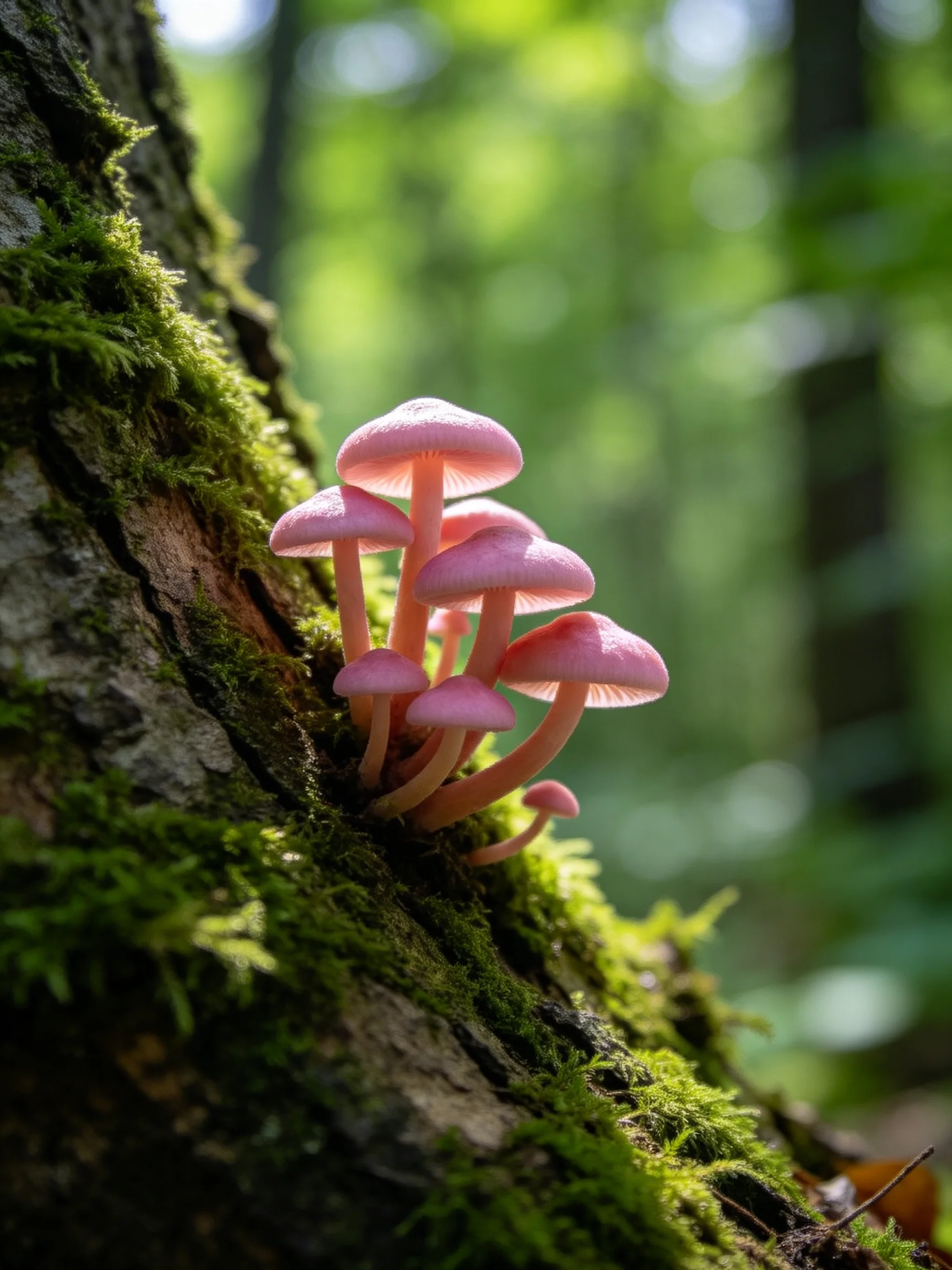 Pink mushrooms cluster on a moss - covered tree trunk in a forest