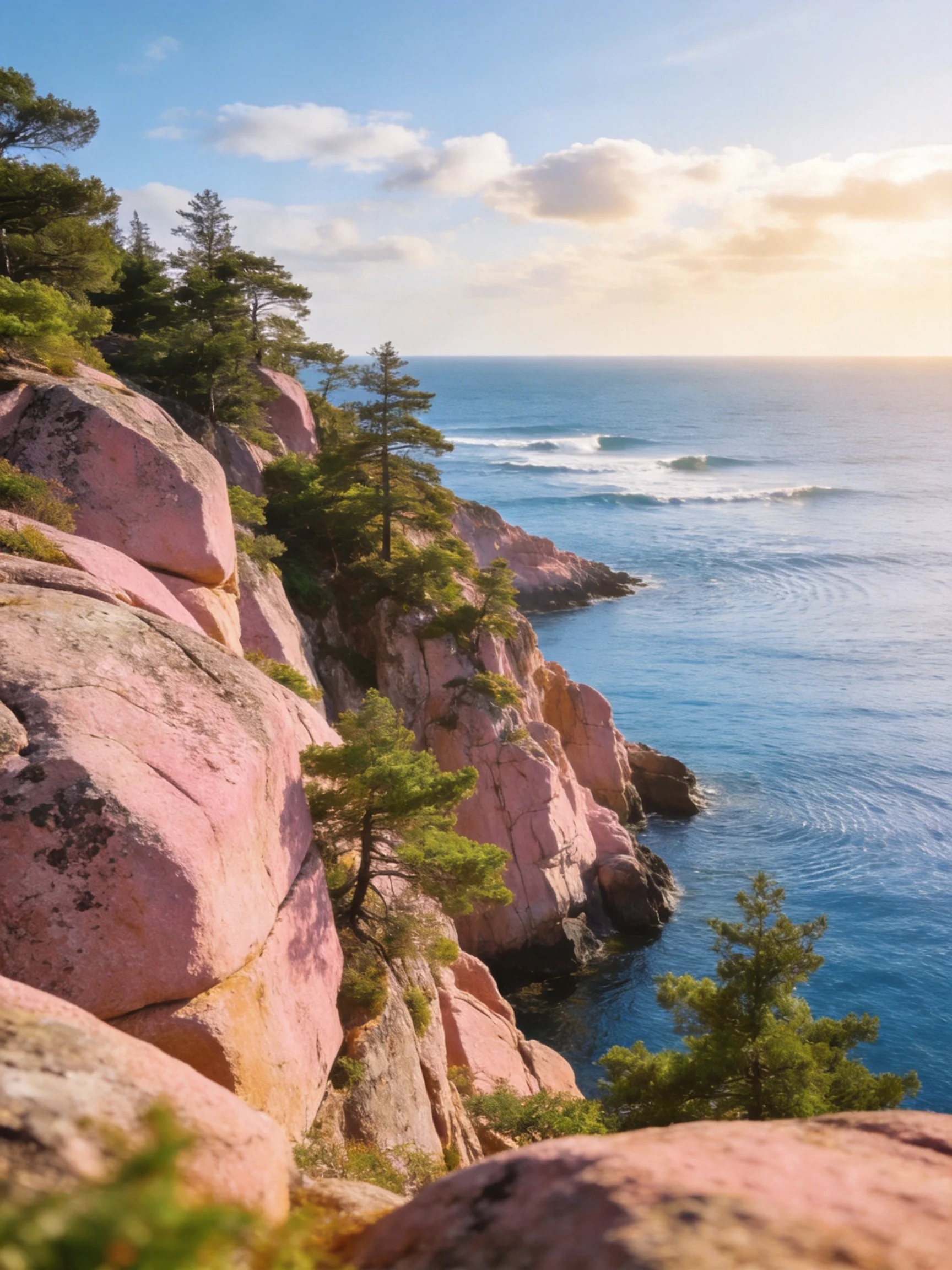 Pink rocky cliffs overlook calm blue sea with green trees