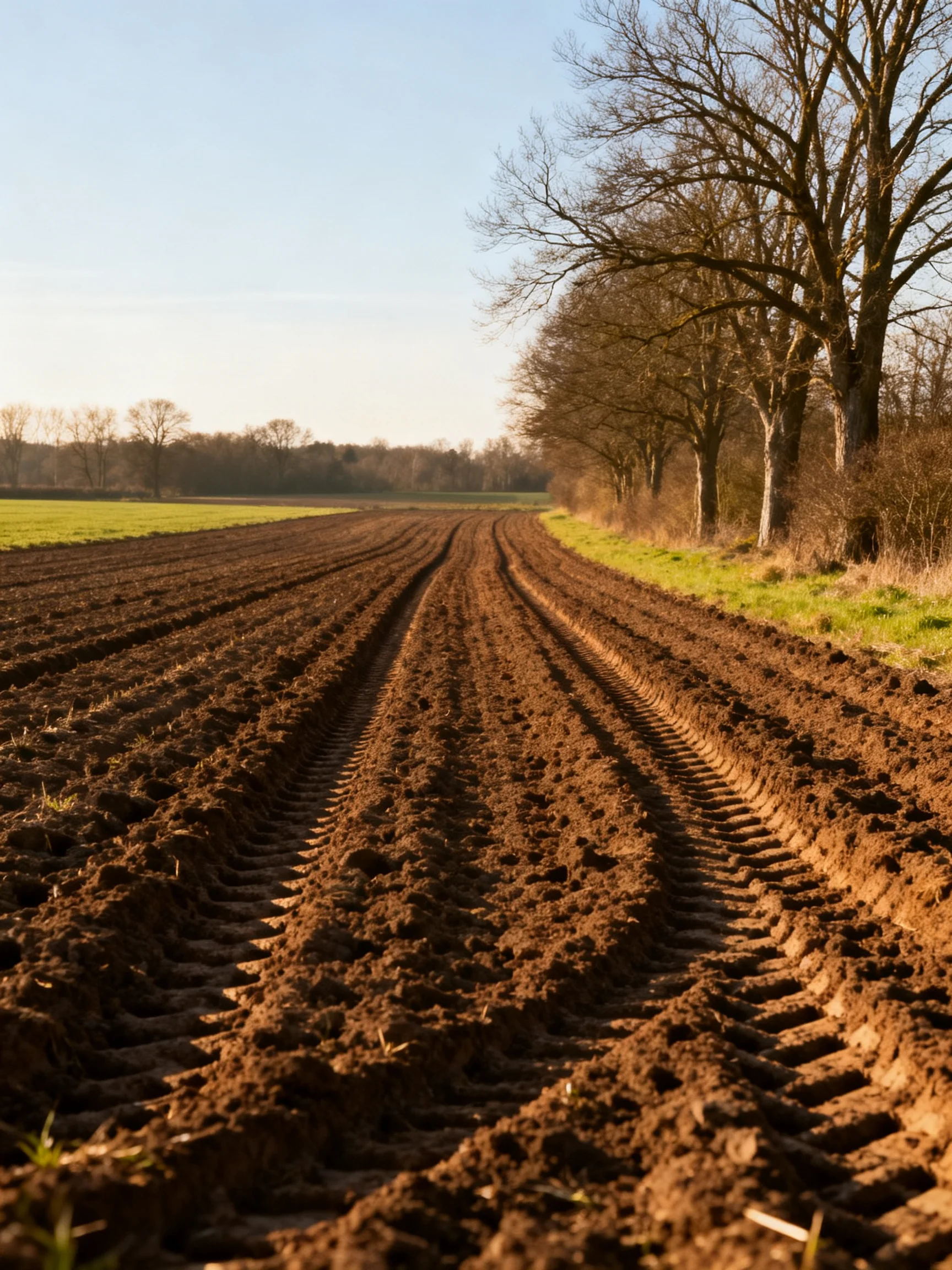 Plowed Agricultural Field with Tree-Lined Edge Under Clear Sky